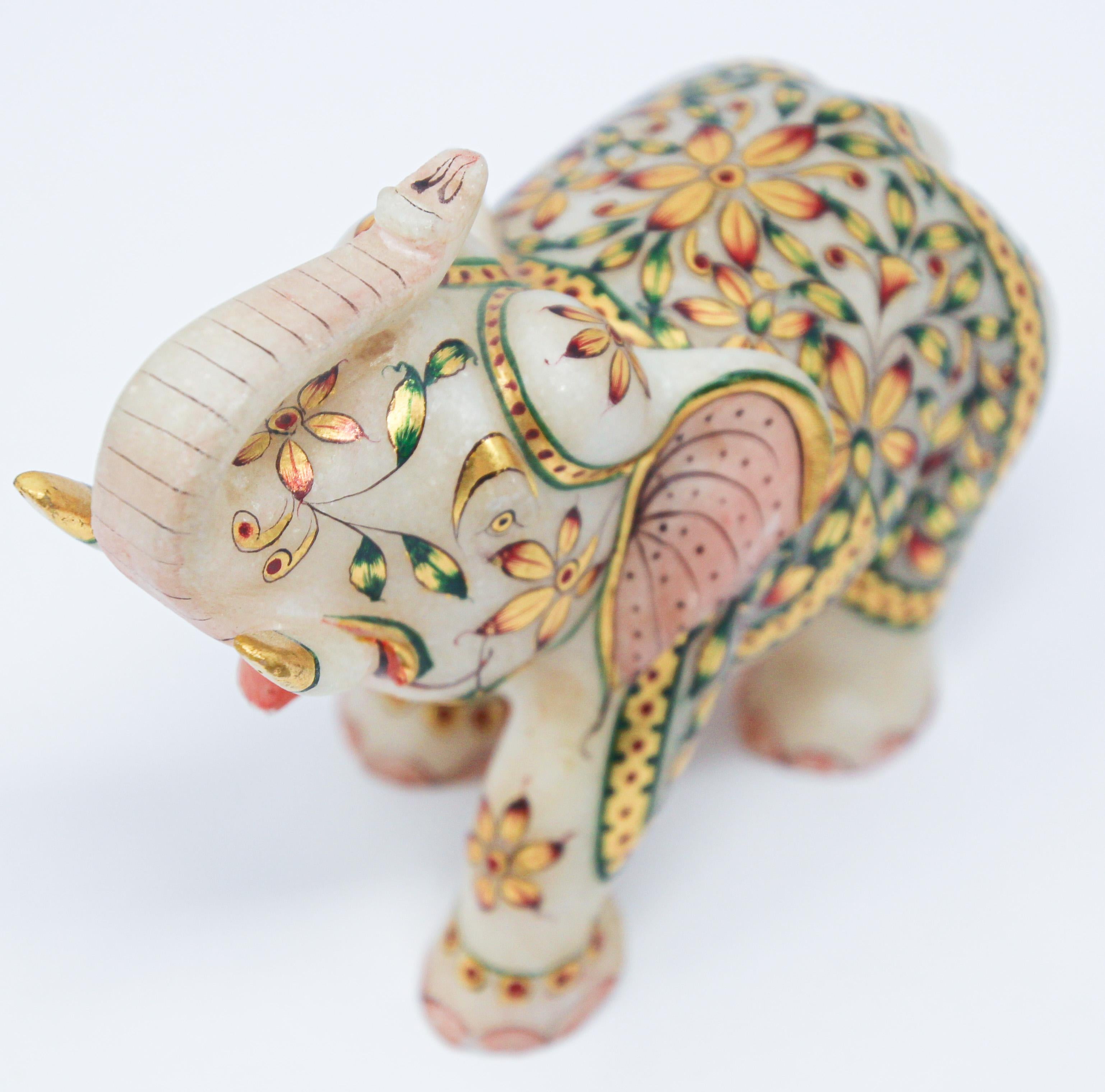 Indian Vintage White Marble Jeweled Elephant Sculpture Paper Weight