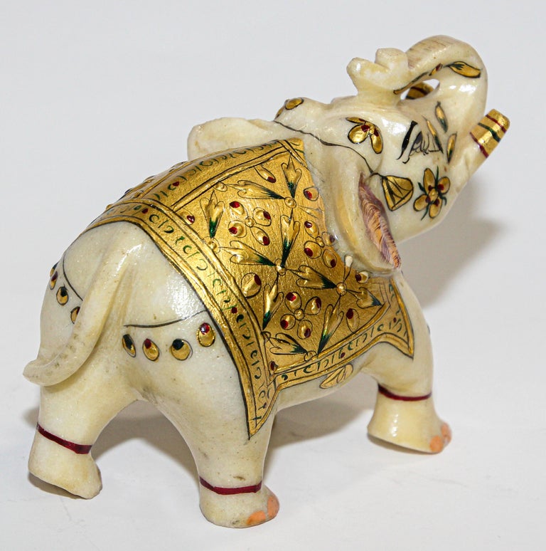 Vintage White Marble Jeweled Elephant Sculpture Paper Weight For Sale