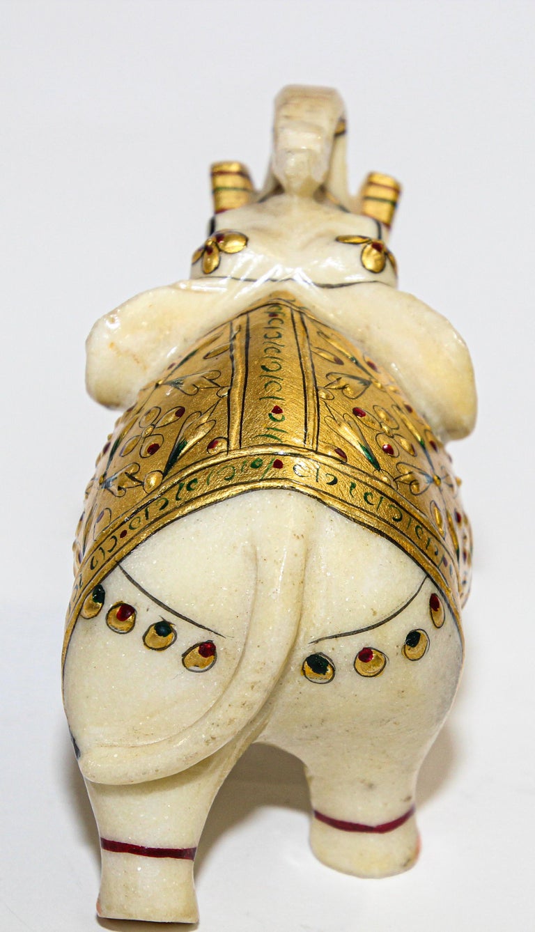 Vintage White Marble Jeweled Elephant Sculpture Paper Weight For Sale
