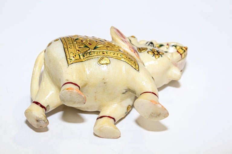 Vintage White Marble Jeweled Elephant Sculpture Paper Weight For Sale