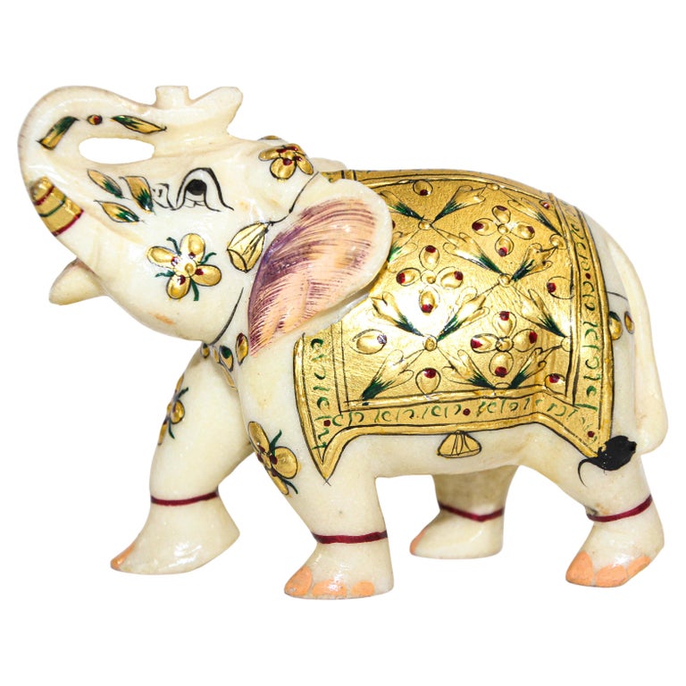 Vintage White Marble Jeweled Elephant Sculpture Paper Weight For Sale