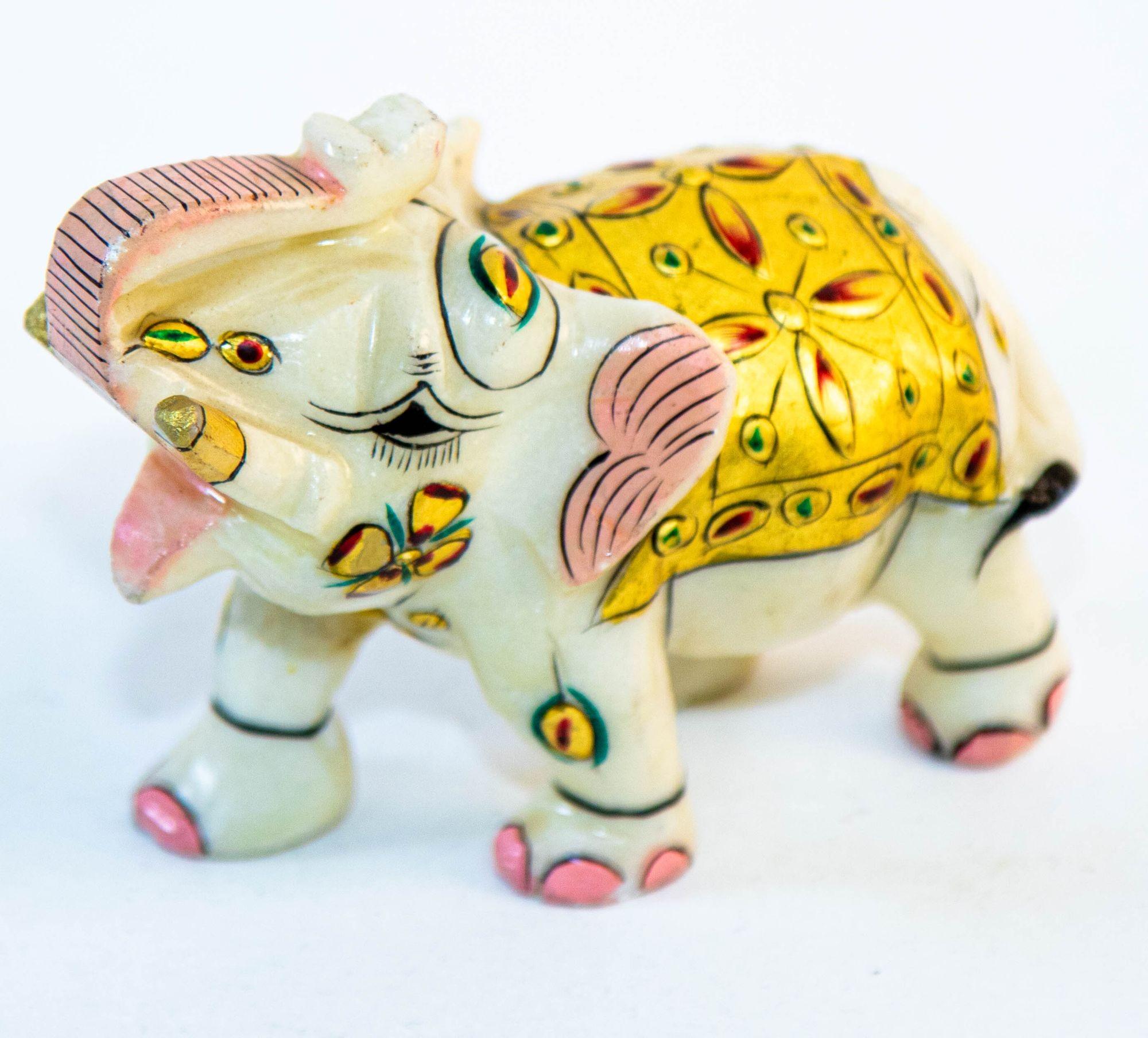 Vintage White Marble Mughal Jeweled Elephant Sculpture Paper Weight For Sale 4