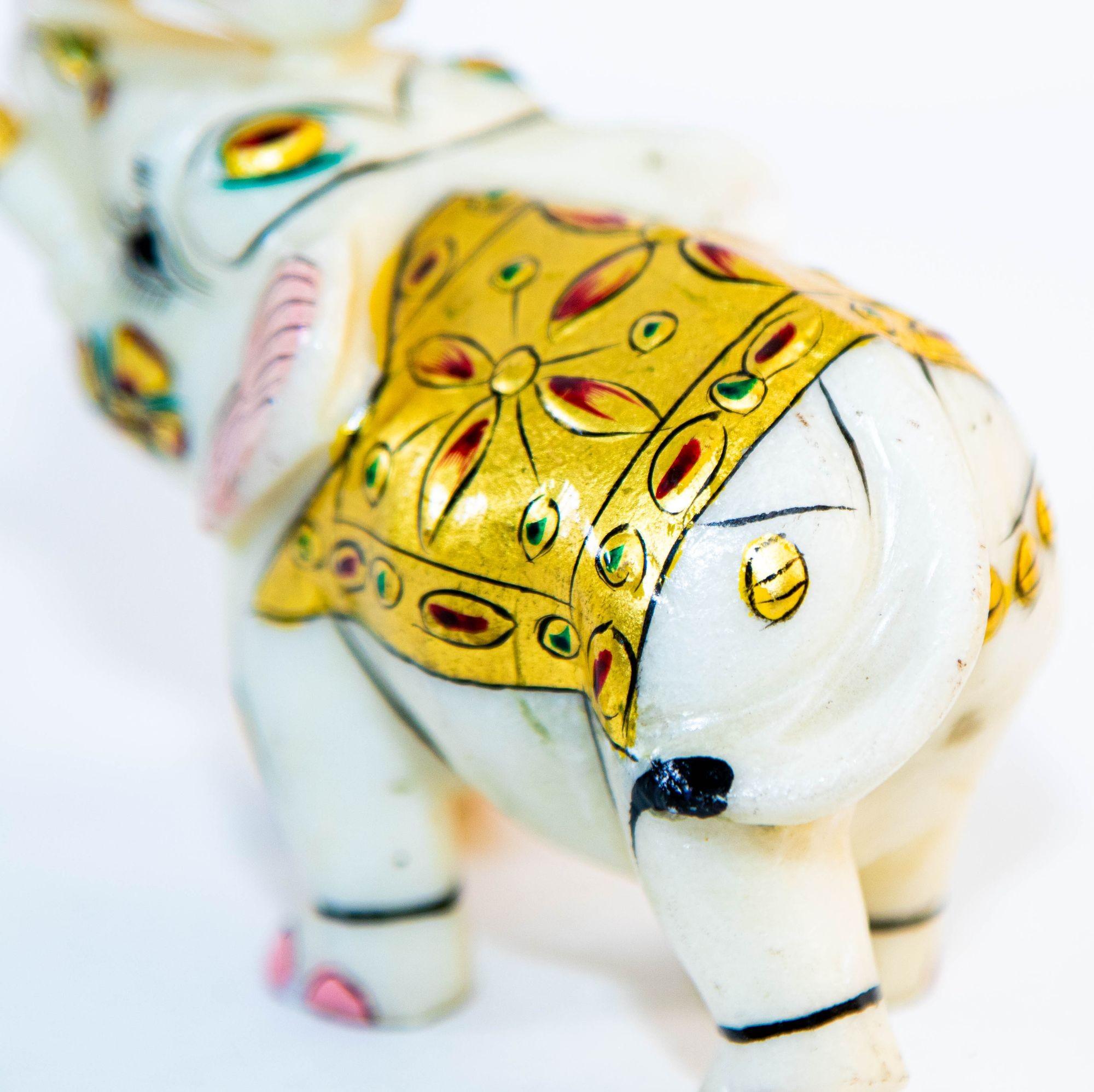Folk Art Vintage White Marble Mughal Jeweled Elephant Sculpture Paper Weight For Sale