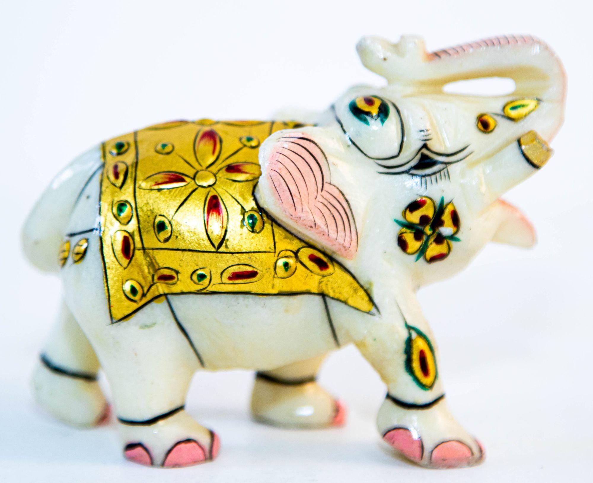 Hand-Carved Vintage White Marble Mughal Jeweled Elephant Sculpture Paper Weight For Sale