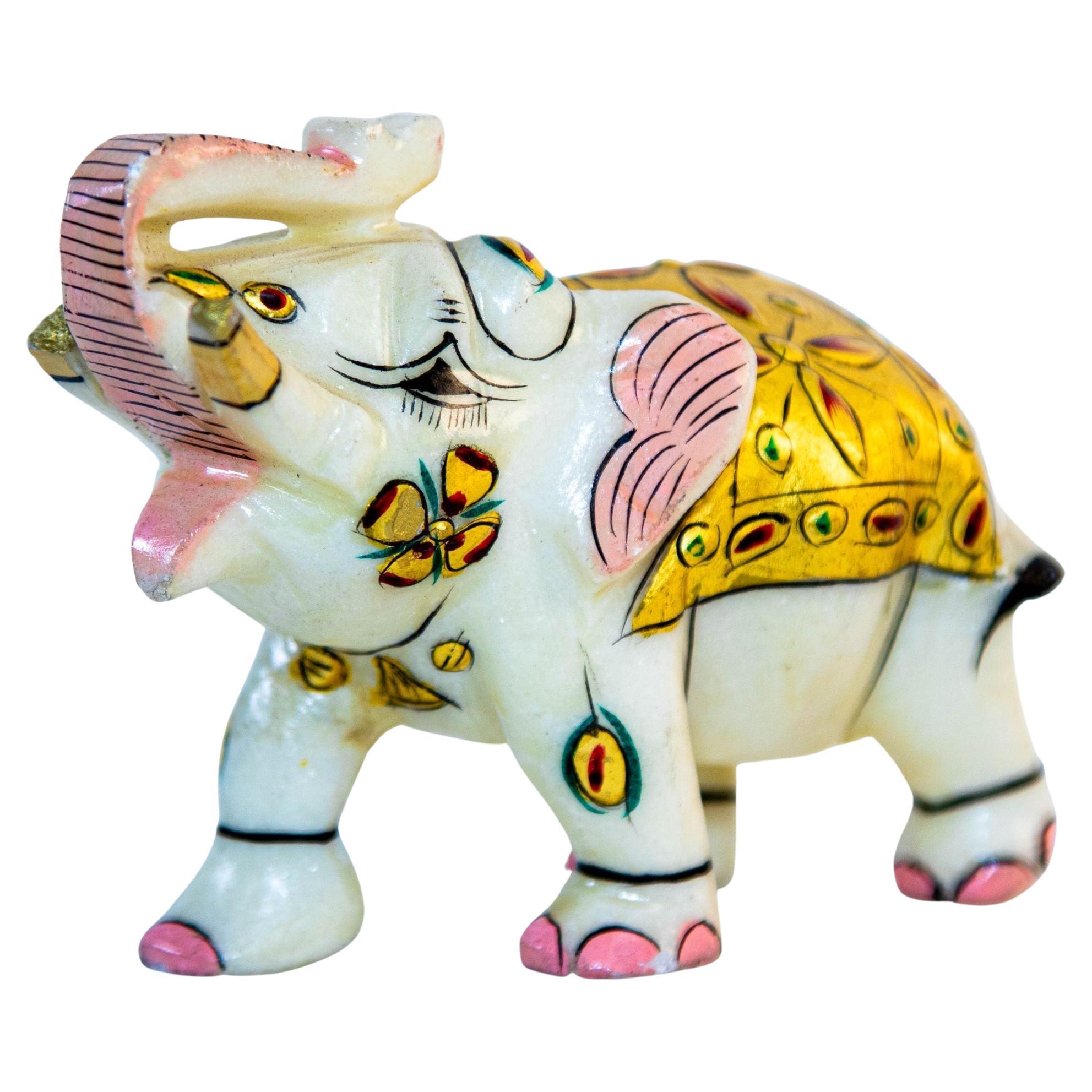 Vintage White Marble Mughal Jeweled Elephant Sculpture Paper Weight For Sale