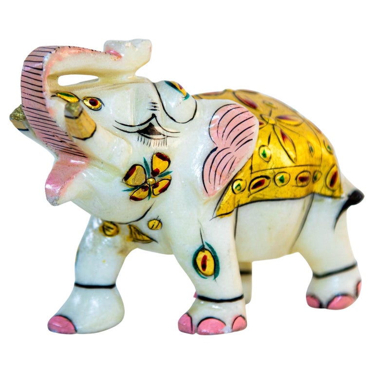 Vintage White Marble Mughal Jeweled Elephant Sculpture Paper Weight For