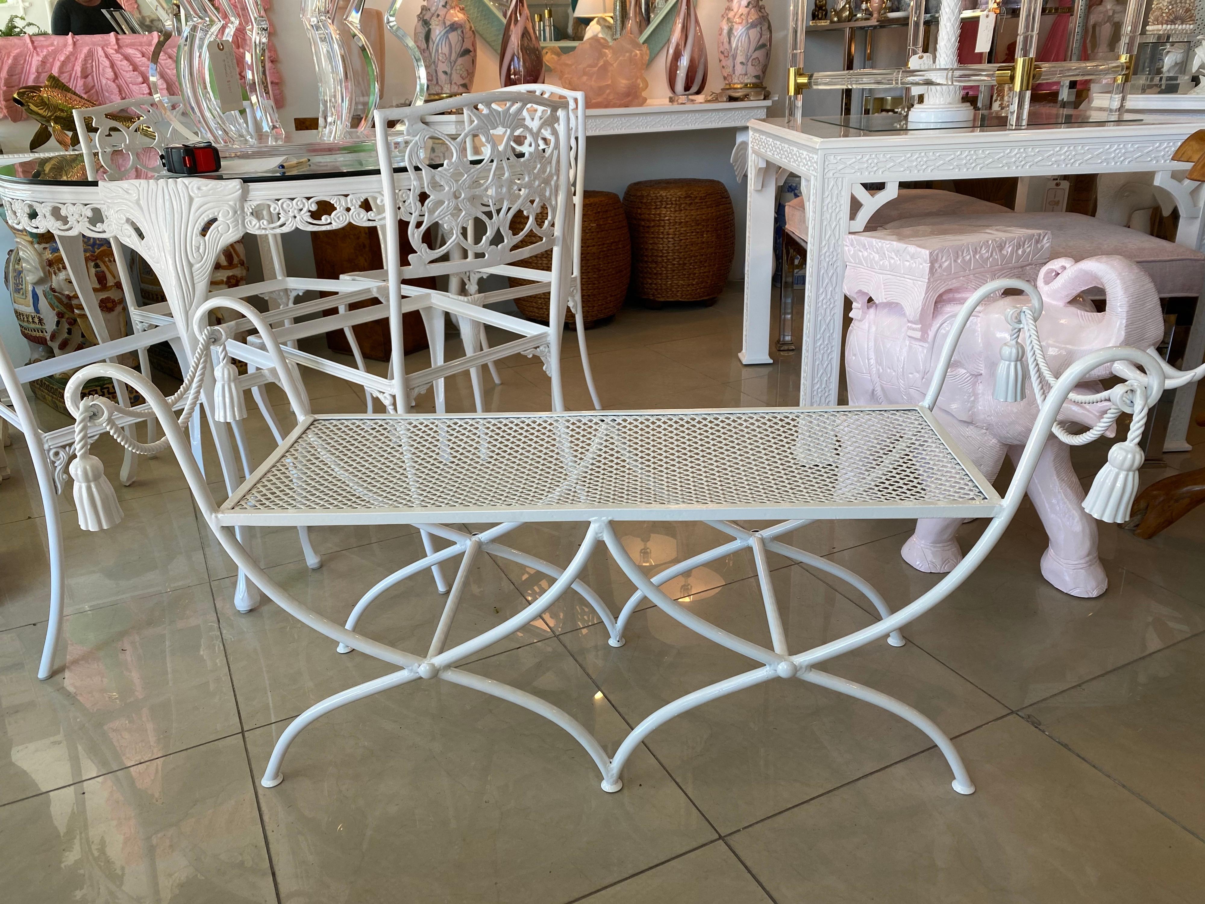 Vintage White Metal Italian Tole Tassel Bench, Newly Restored Indoor or Outdoor 5