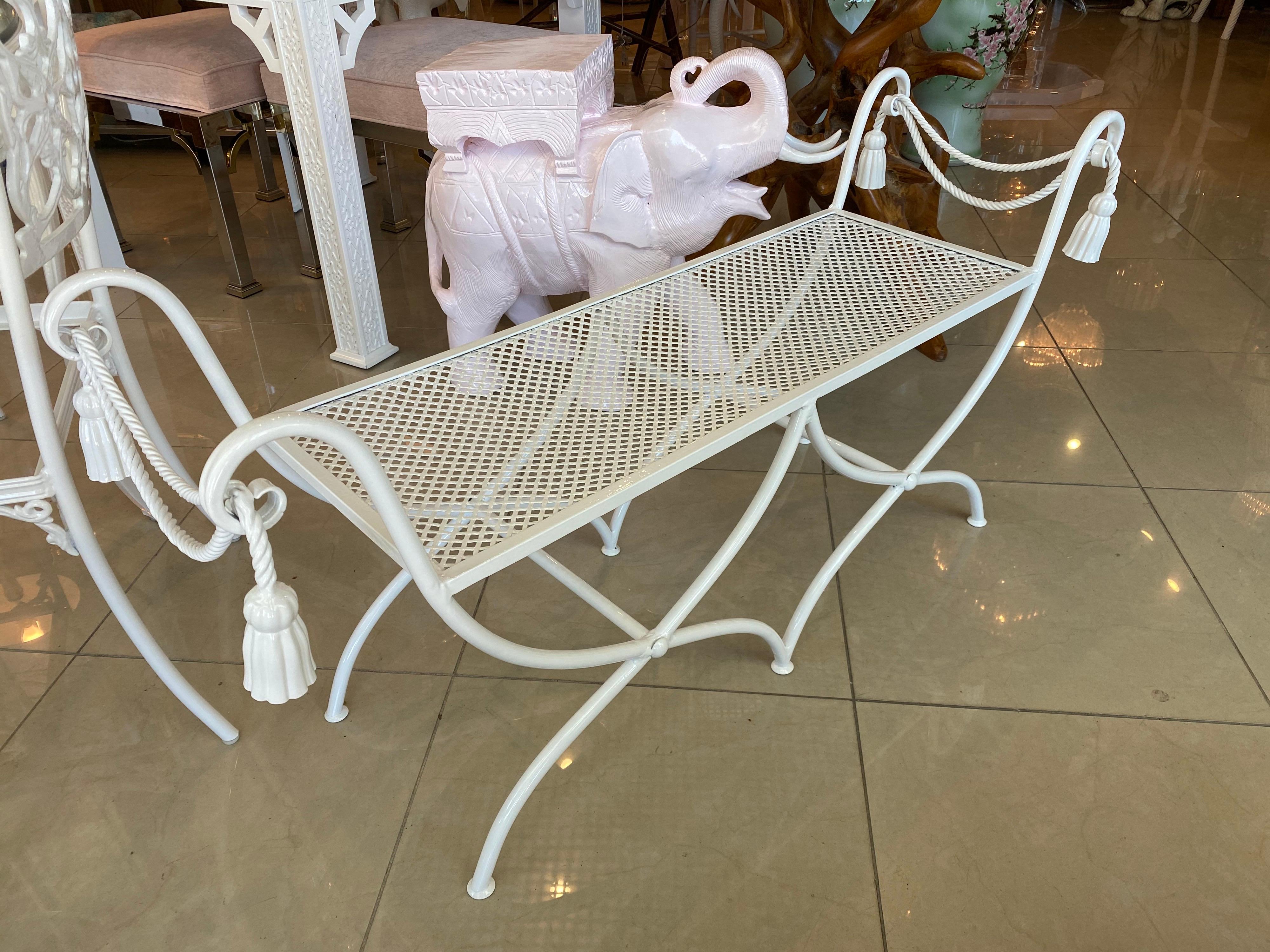 Vintage White Metal Italian Tole Tassel Bench, Newly Restored Indoor or Outdoor 6