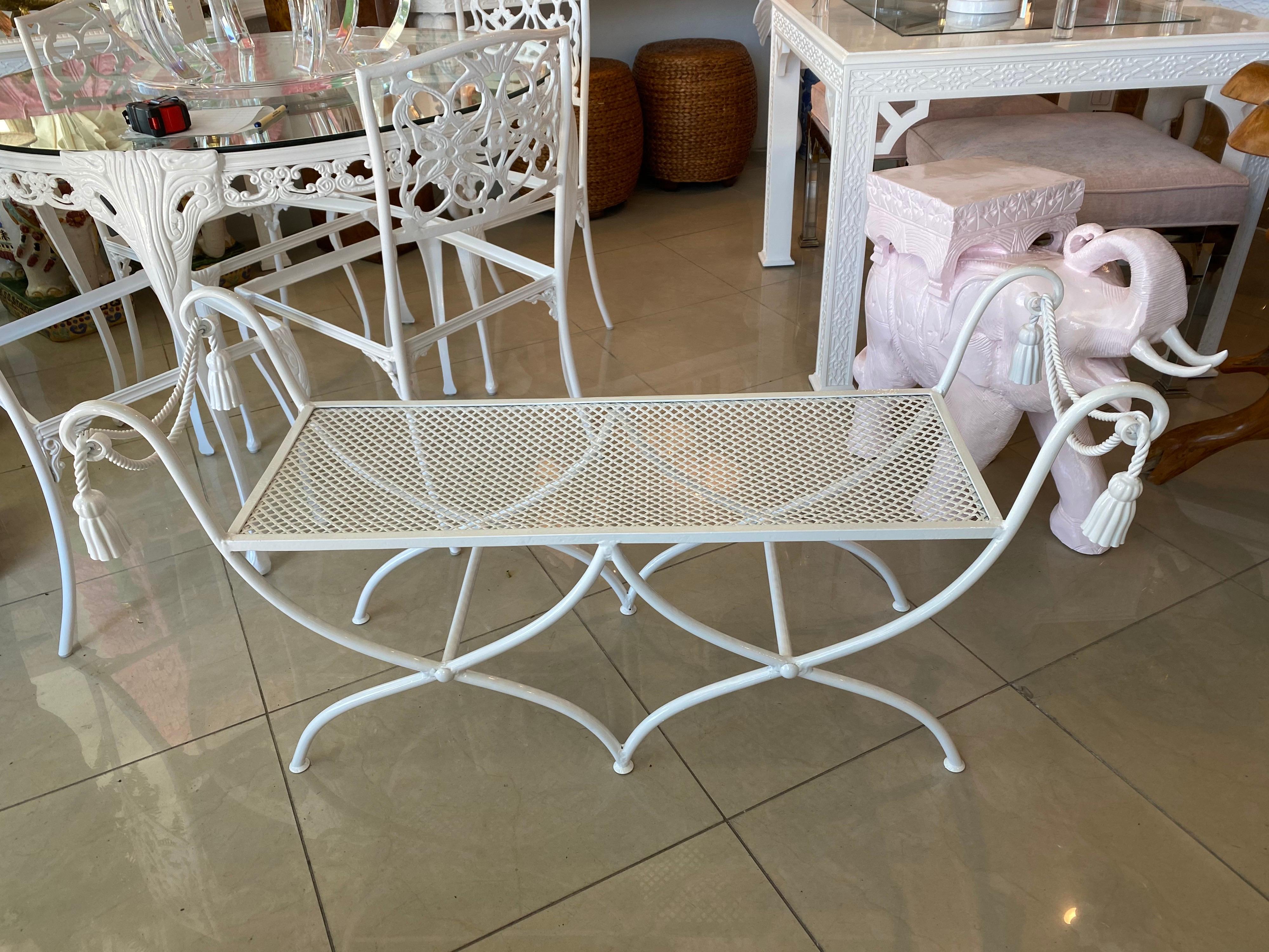 Vintage White Metal Italian Tole Tassel Bench, Newly Restored Indoor or Outdoor 7