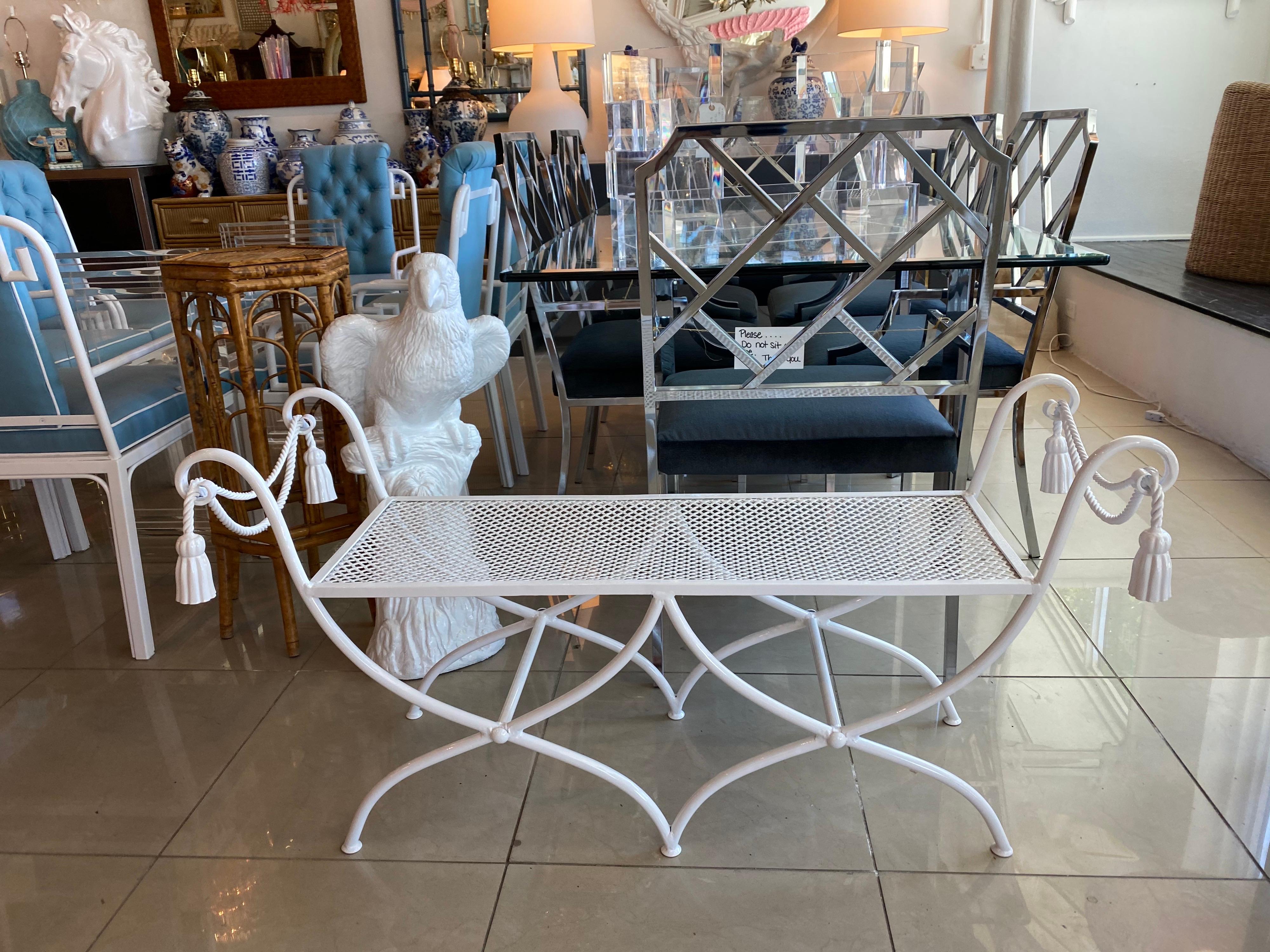Lovely vintage metal tole Italian tassel bench. This has been newly restored with a professional powder coat white finish. This can be used indoors or outdoors.