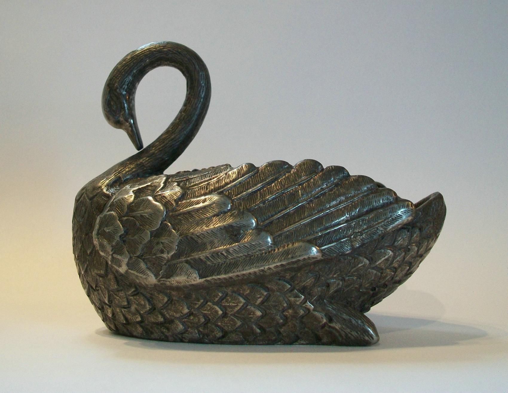 Romantic Vintage White Metal Swan with Hand Chased Details, U.S.a, Mid-20th Century For Sale