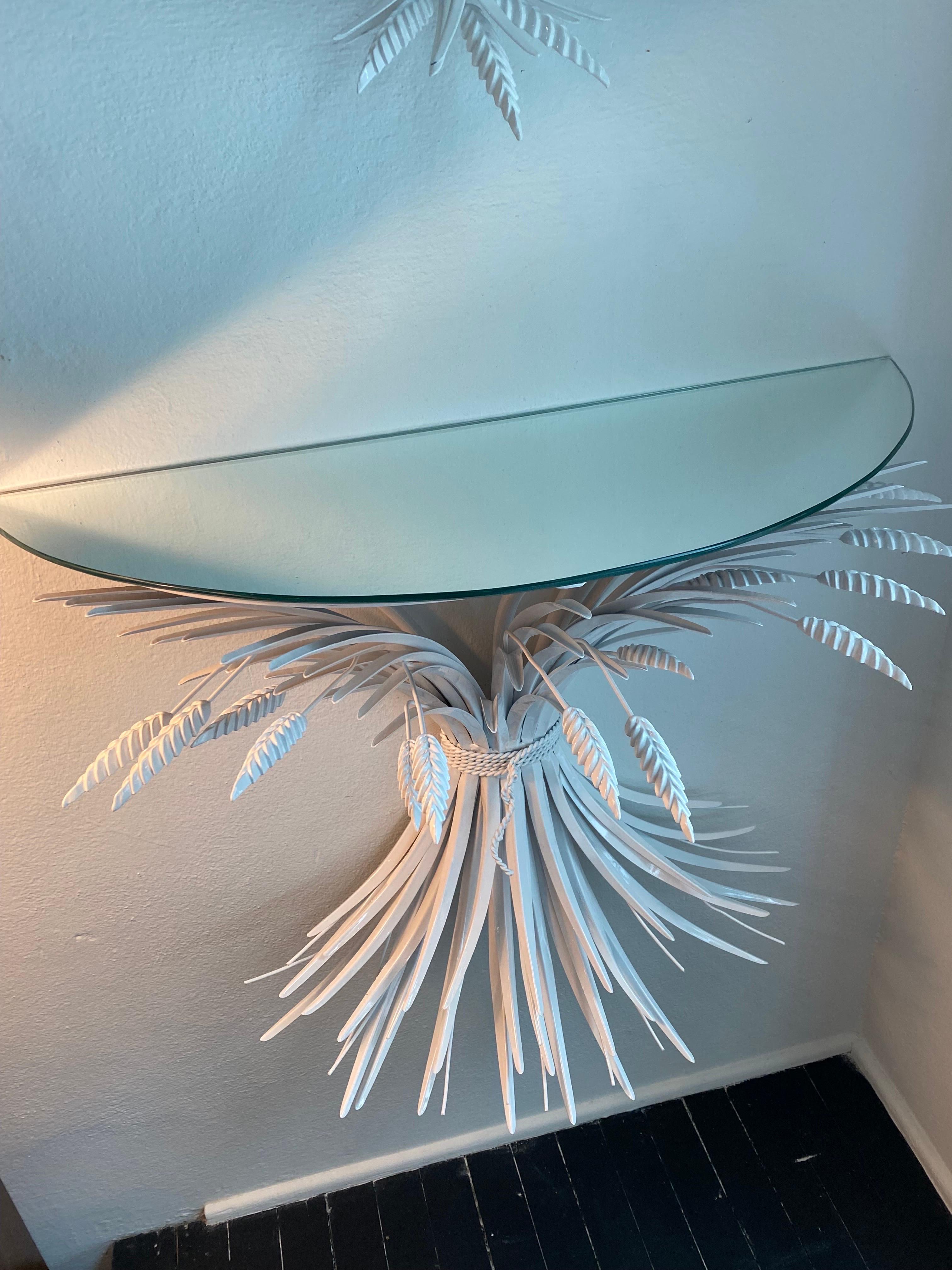 Vintage White Metal Tole Leaf Leaves Wall Mirror & Demi Lune Wall Console Table For Sale 2