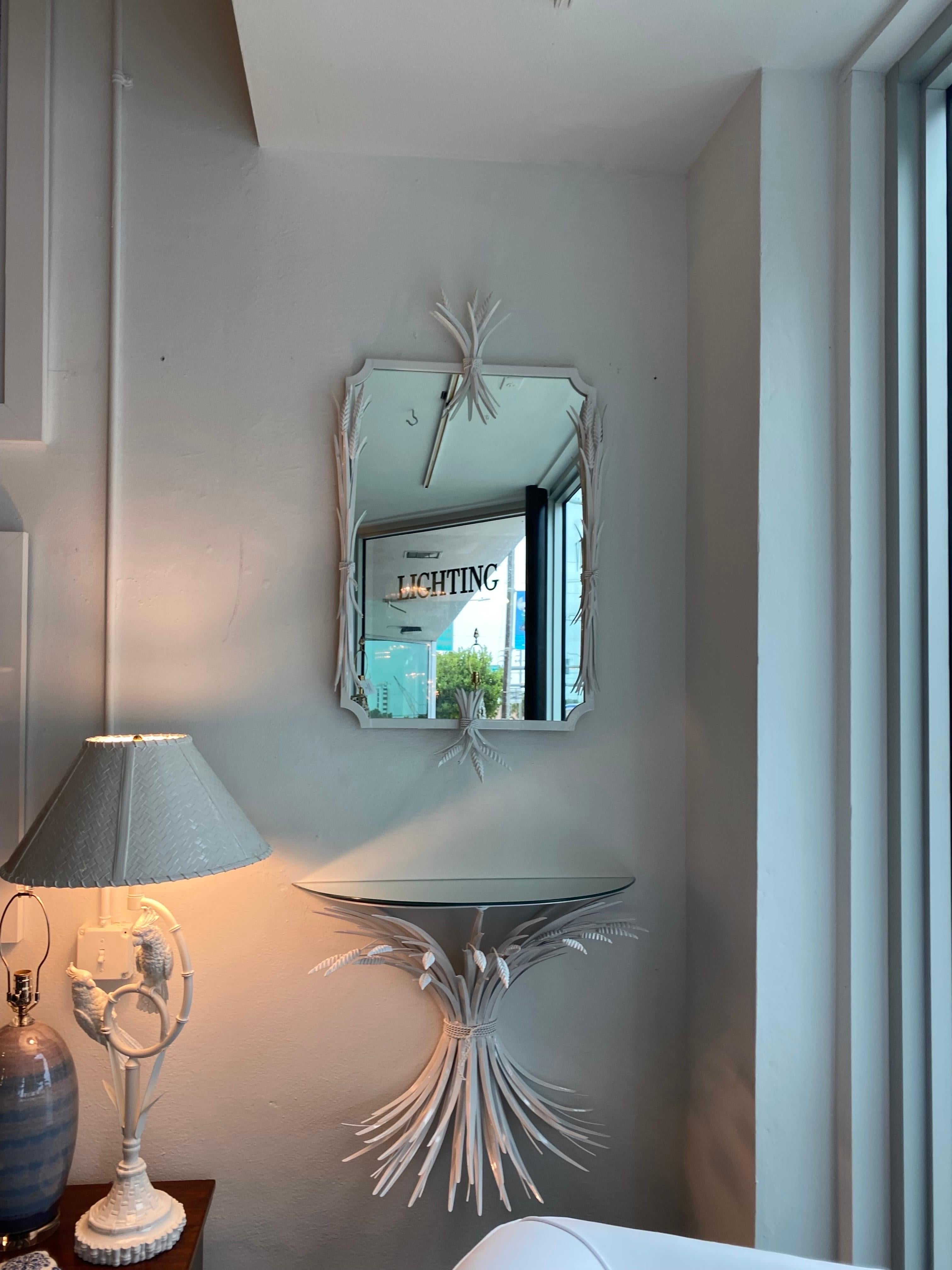 Vintage White Metal Tole Leaf Leaves Wall Mirror & Demi Lune Wall Console Table  For Sale 6