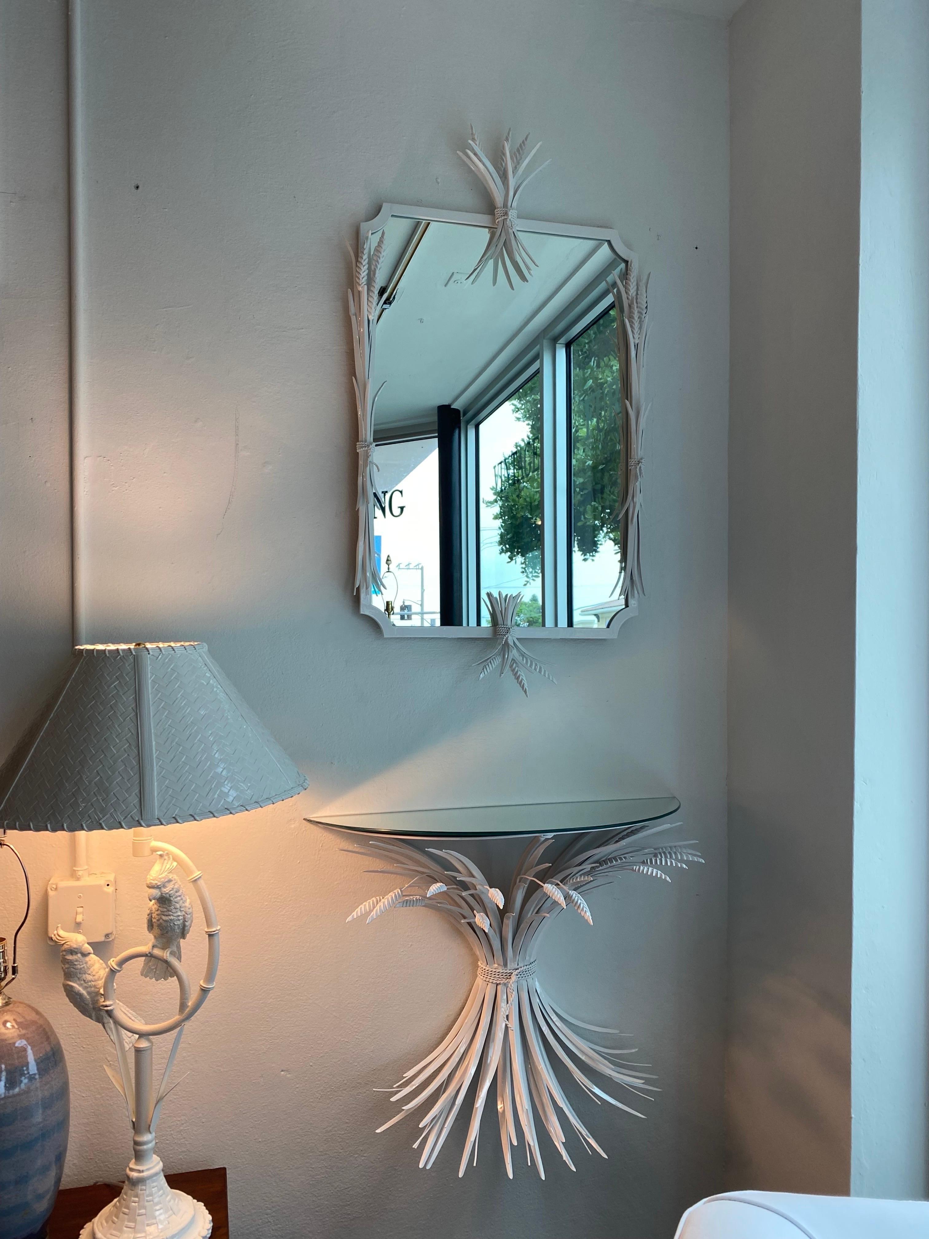 Vintage White Metal Tole Leaf Leaves Wall Mirror & Demi Lune Wall Console Table  For Sale 7