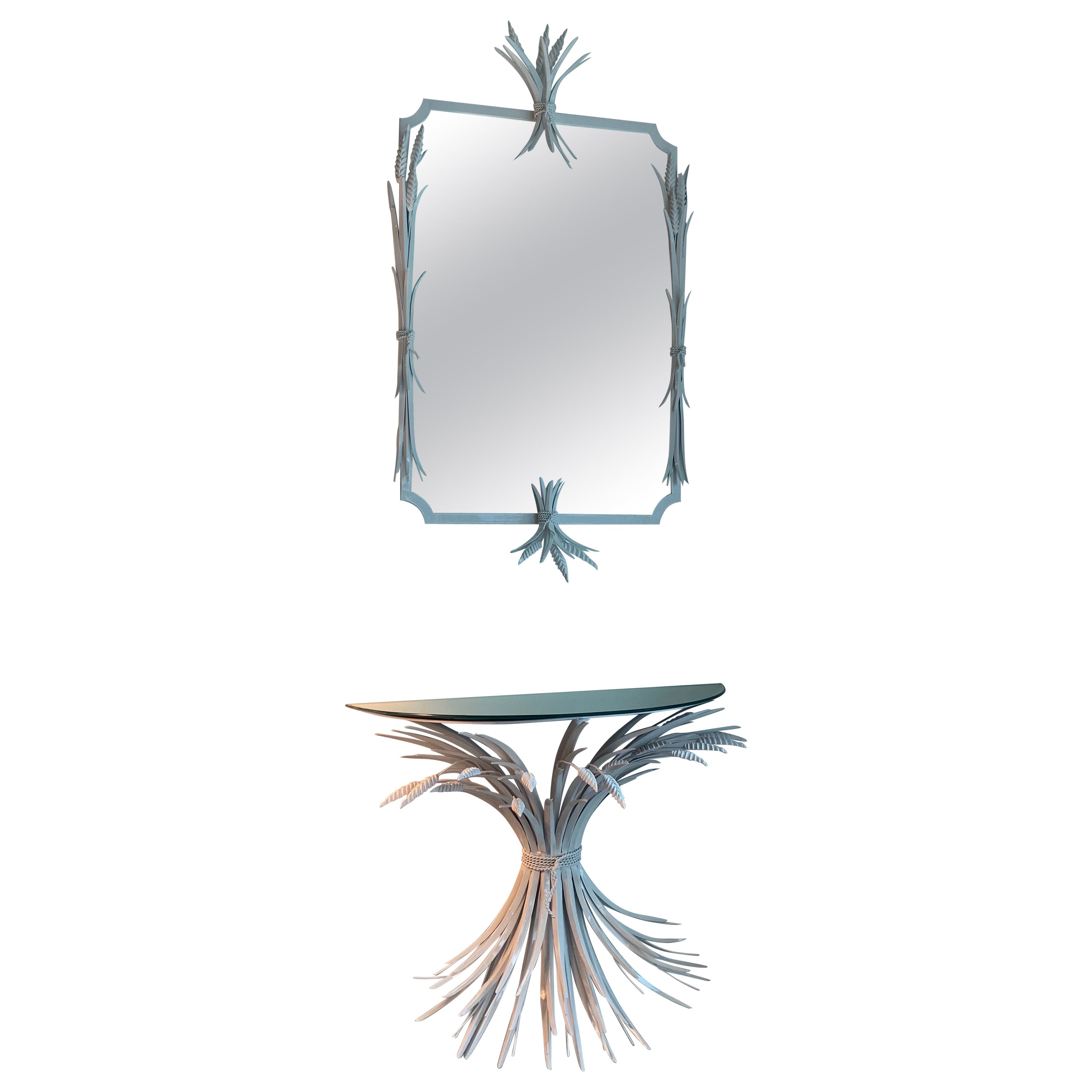 Miroir mural vintage en métal blanc à feuilles de tôle et table console murale Demi Lune en vente