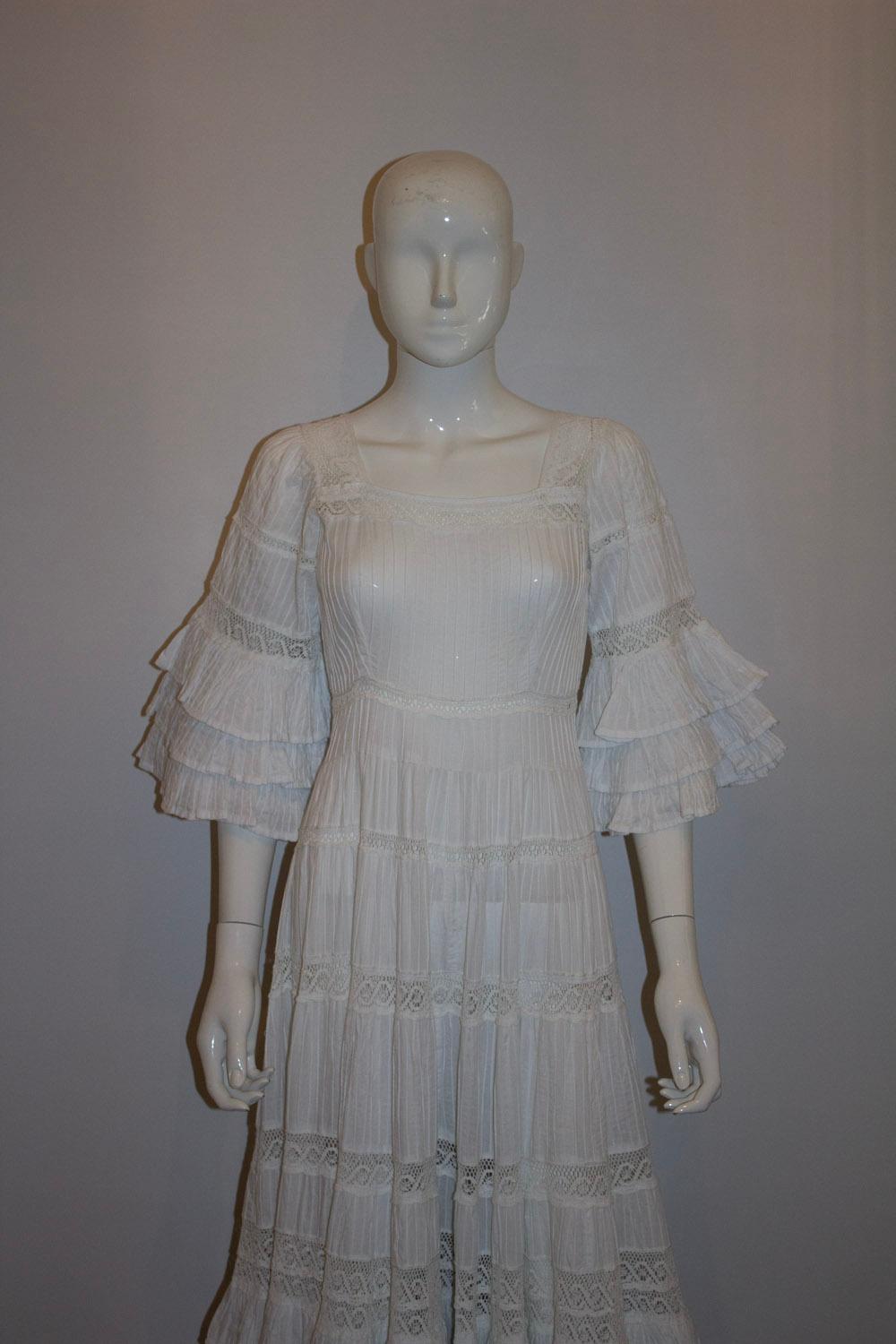 Gray Vintage White Mexicana Wedding Dress / White Gown For Sale