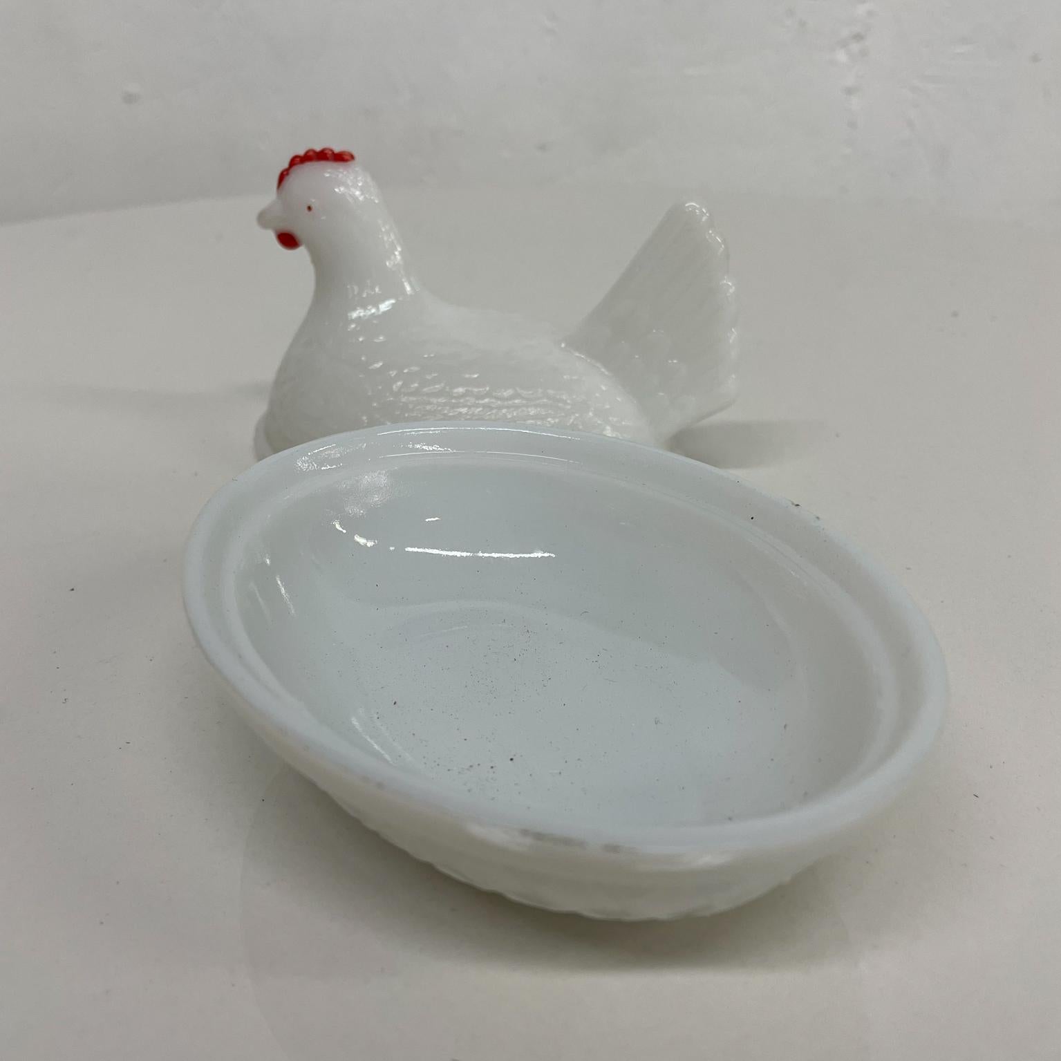 Vintage White Milk Glass Cute Mini Chicken Hen on Nest Dish Red Comb 1