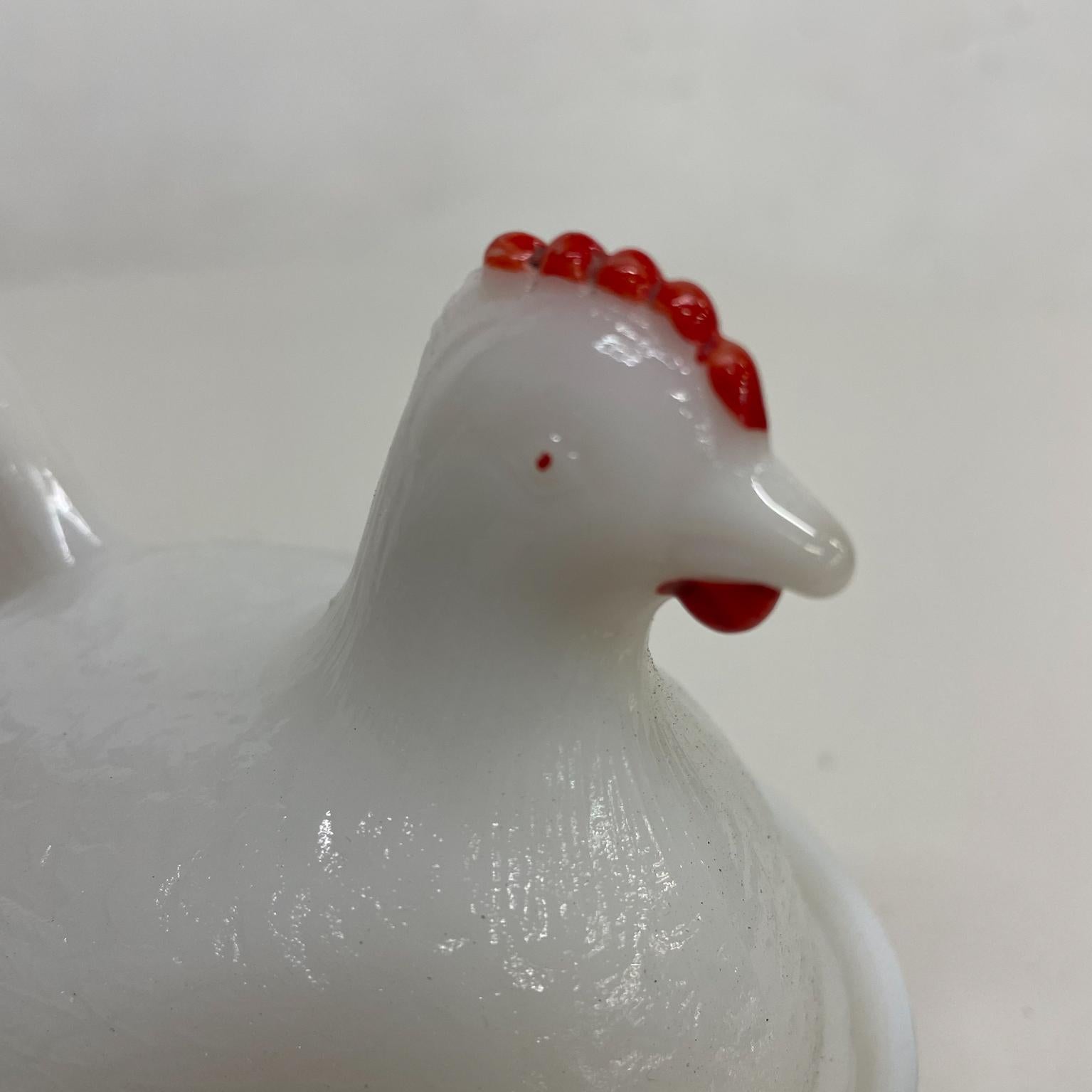 Mid-Century Modern Vintage White Milk Glass Cute Mini Chicken Hen on Nest Dish Red Comb