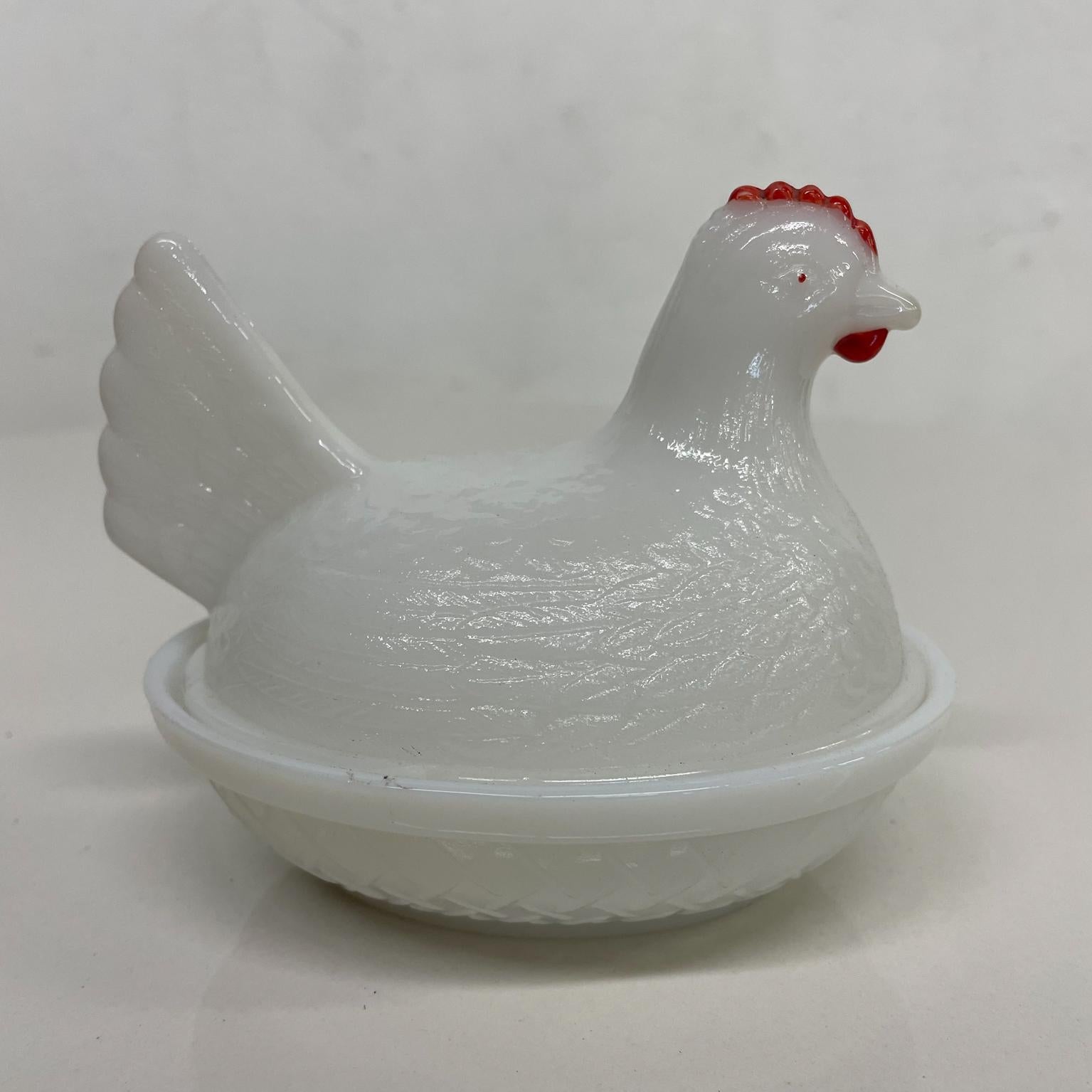 American Vintage White Milk Glass Cute Mini Chicken Hen on Nest Dish Red Comb