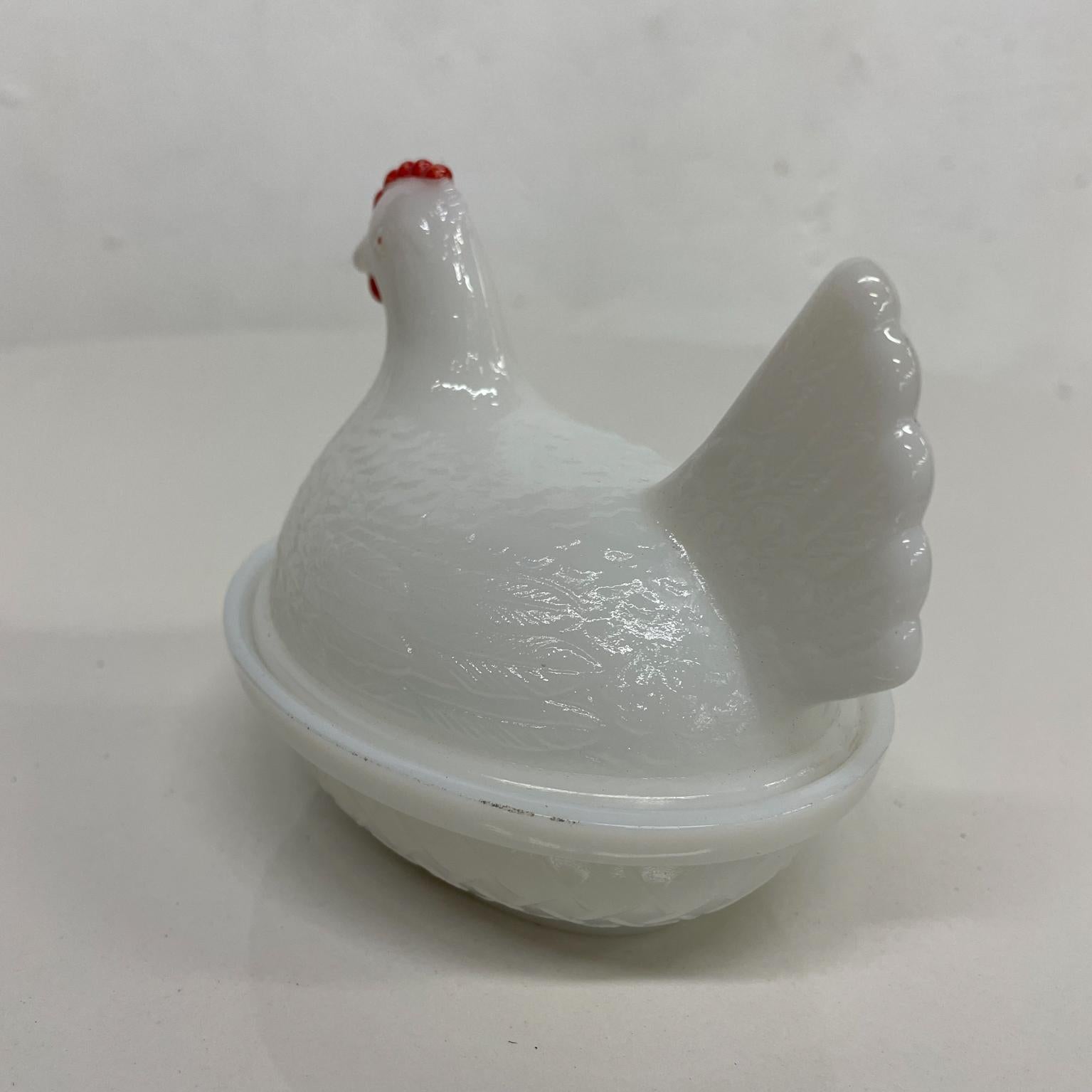 Mid-20th Century Vintage White Milk Glass Cute Mini Chicken Hen on Nest Dish Red Comb