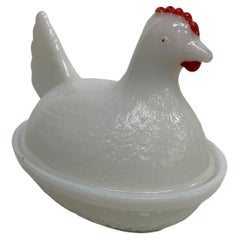 Vintage White Milk Glass Cute Mini Chicken Hen on Nest Dish Red Comb