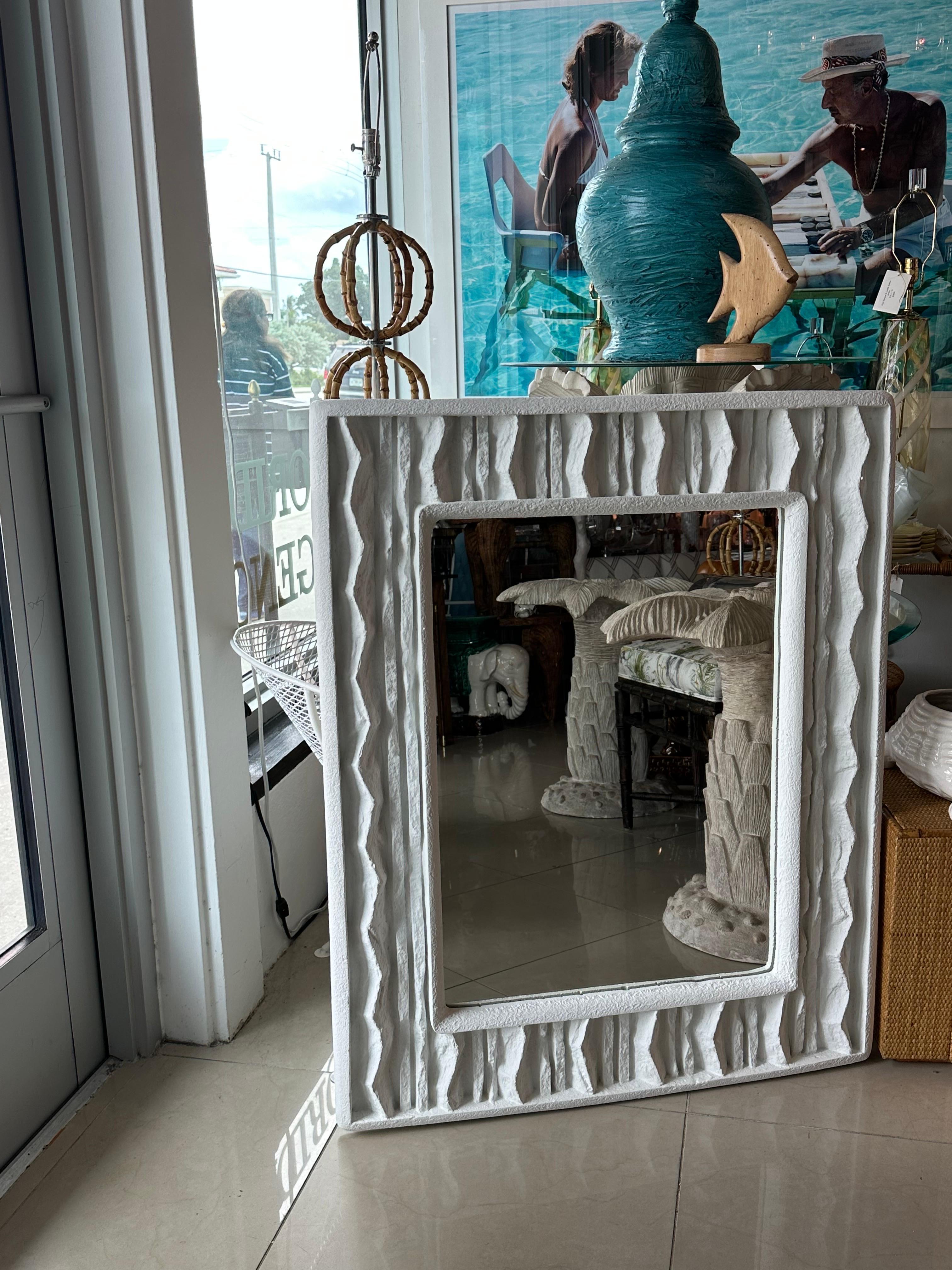 Organic Modern Vintage White Modern Wavy Abstract Faux Stone Plaster Wall Mirror 