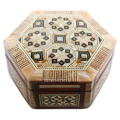 Vintage White Mosaic Moorish Hexagonal Box Shell Inlaid