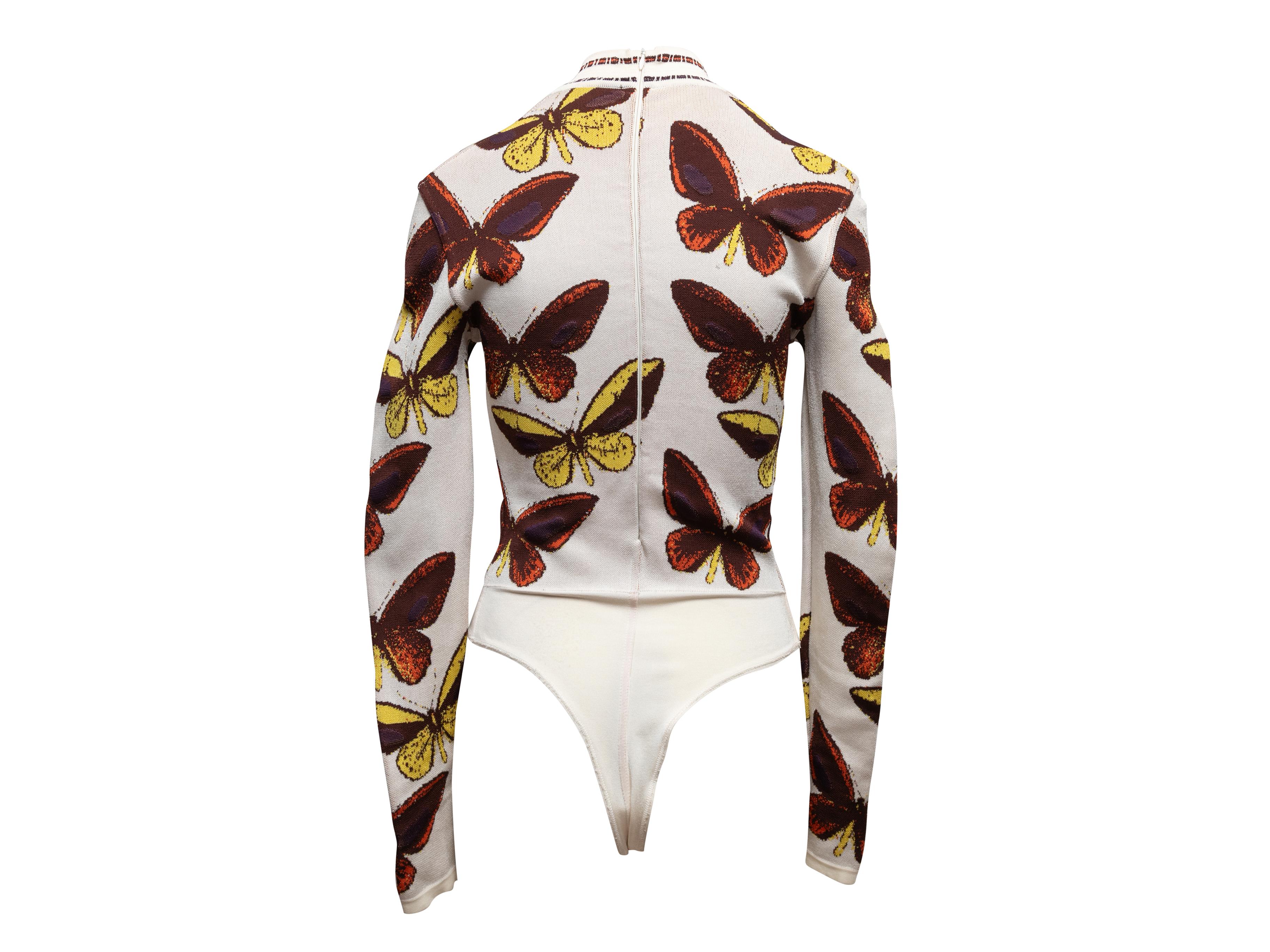 Vintage white and multicolor intarsia butterfly patterned bodysuit by Alaia. From the Fall/Winter 1991 Collection. V-neck. Long sleeves. Zip closure at back. 31