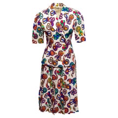 Vintage White & Multicolor Hermes 1993 Silk Prize Ribbon Print Skirt Suit