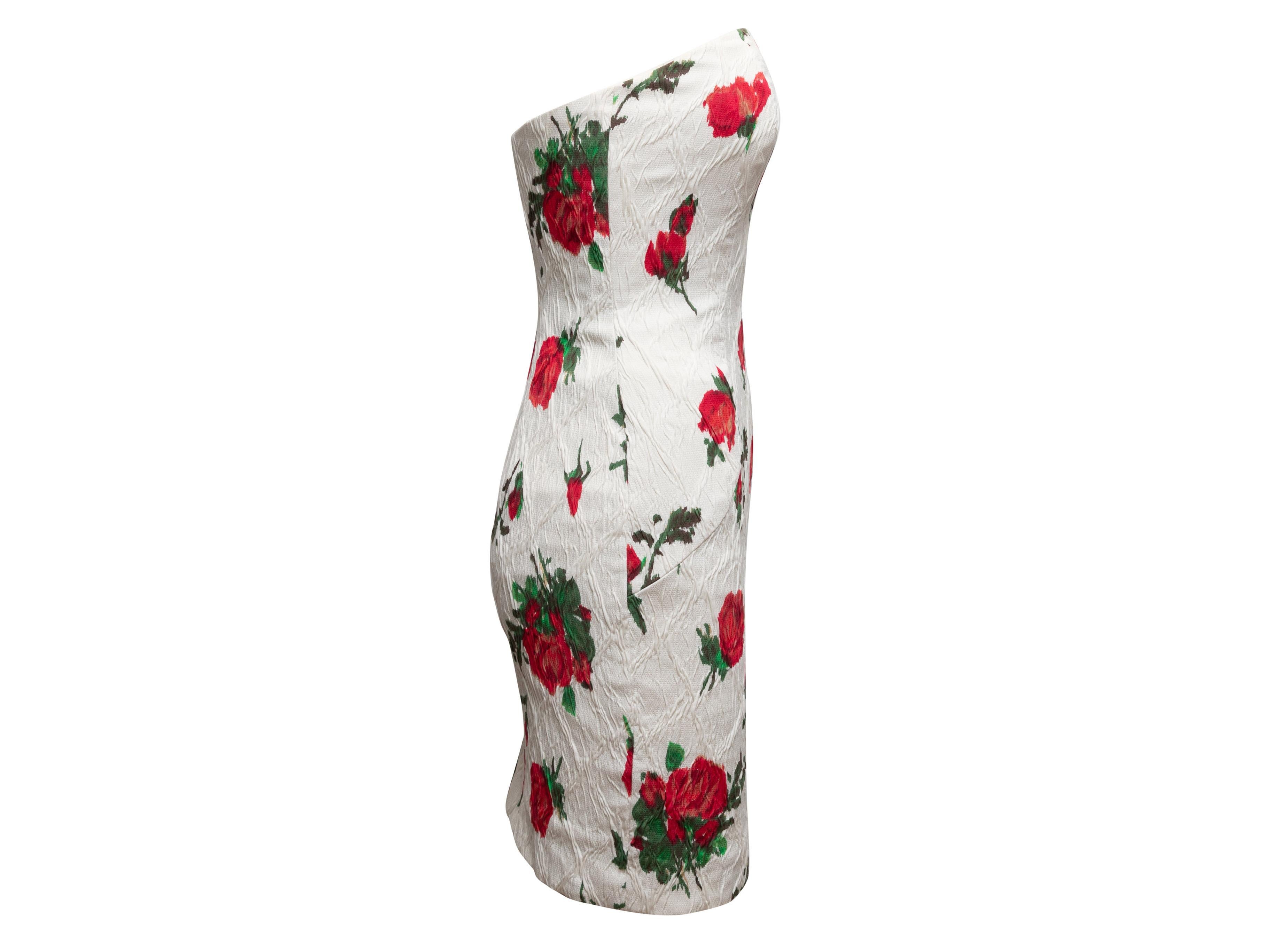 Vintage white, red, and green strapless floral print mini dress by Victor Costa. Straight neckline. Texture throughout. 26