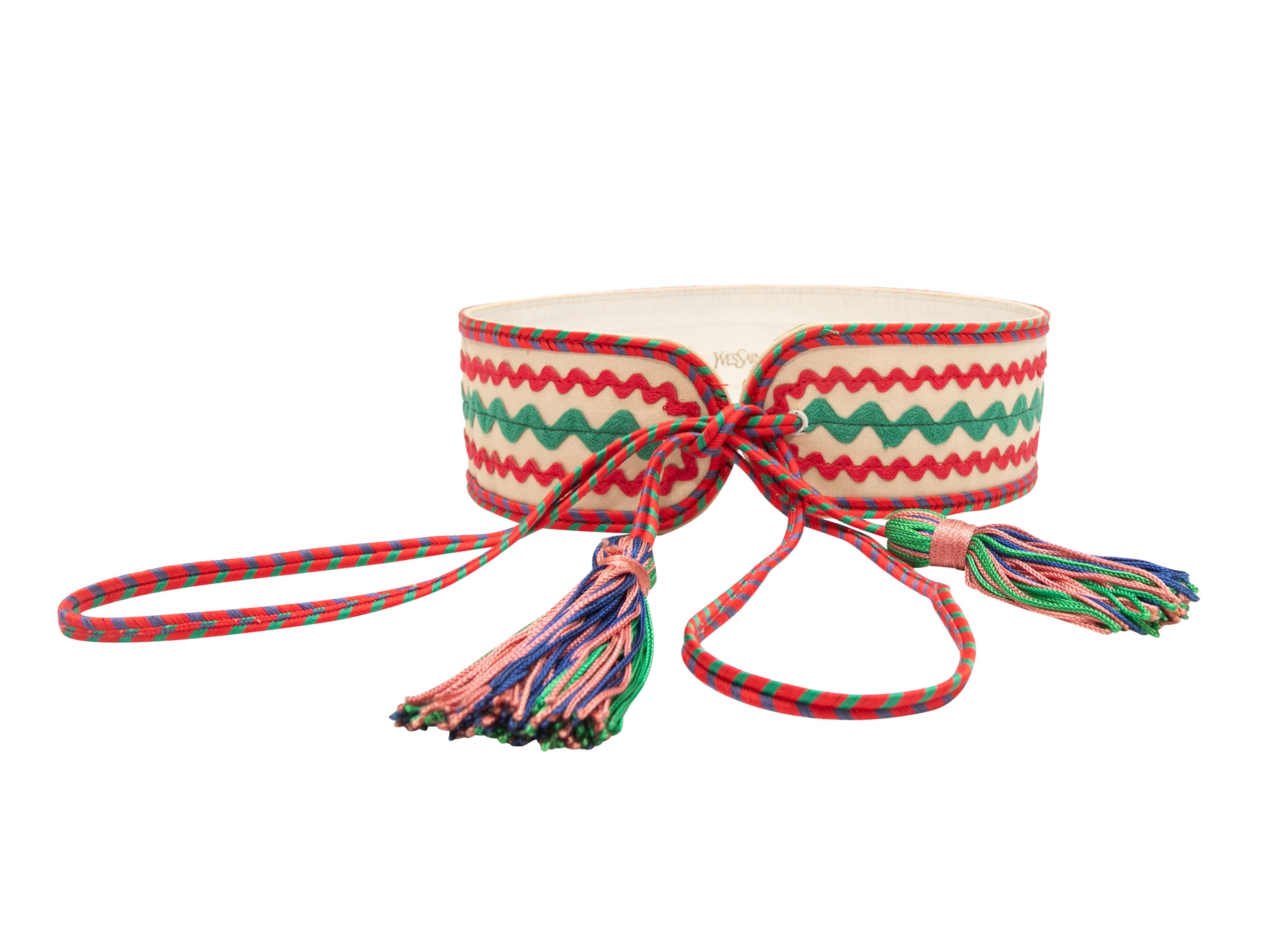 Vintage white and multicolor ric-rac tassel-trimmed belt by Yves Saint Laurent. From the 1976 Russian Collection. 2.5