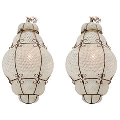 Vintage White Murano Glass and Gilt Tole Lanterns