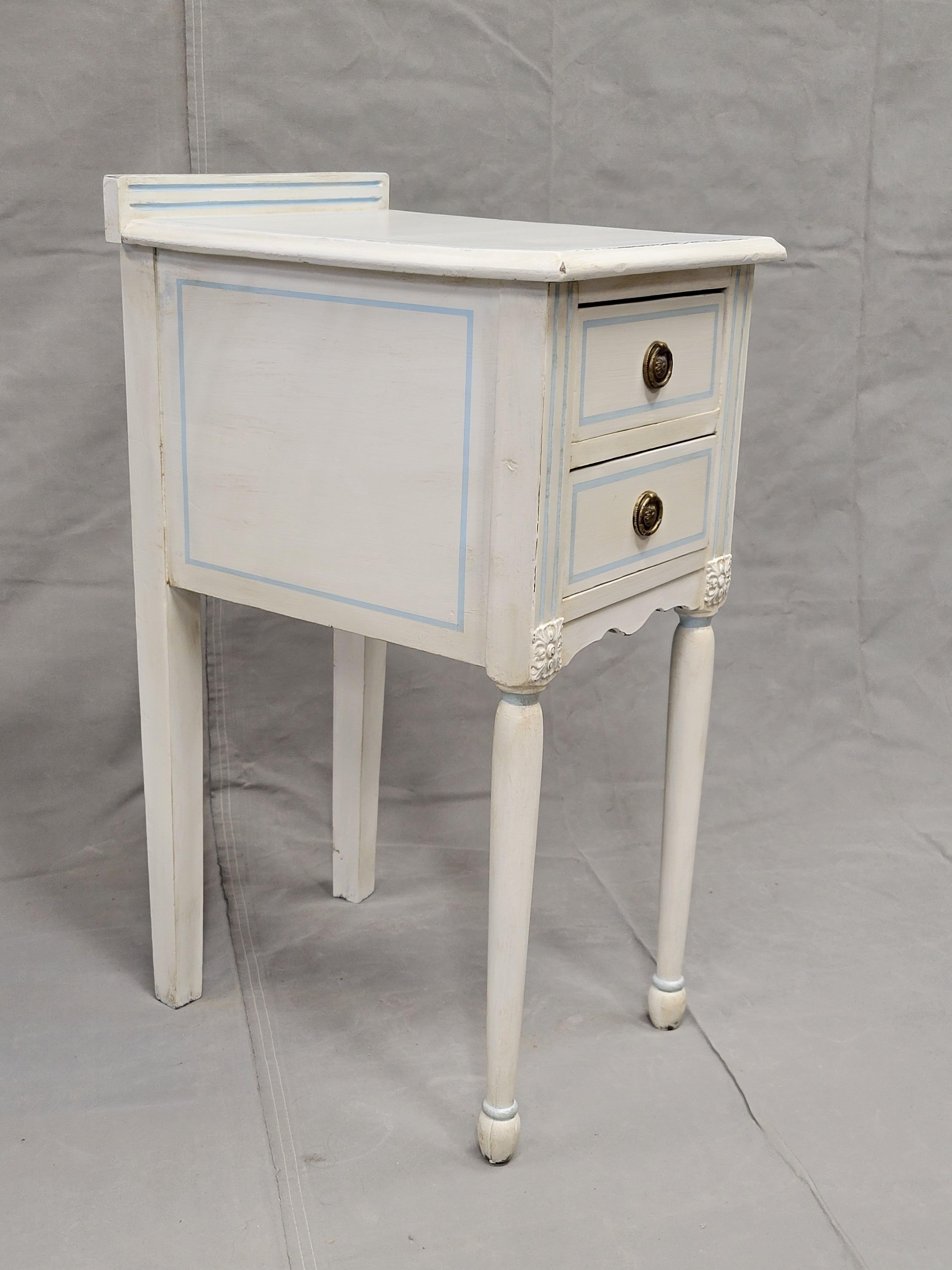 Neoclassical Revival Vintage White Nightstands With Blue Striping - a Pair