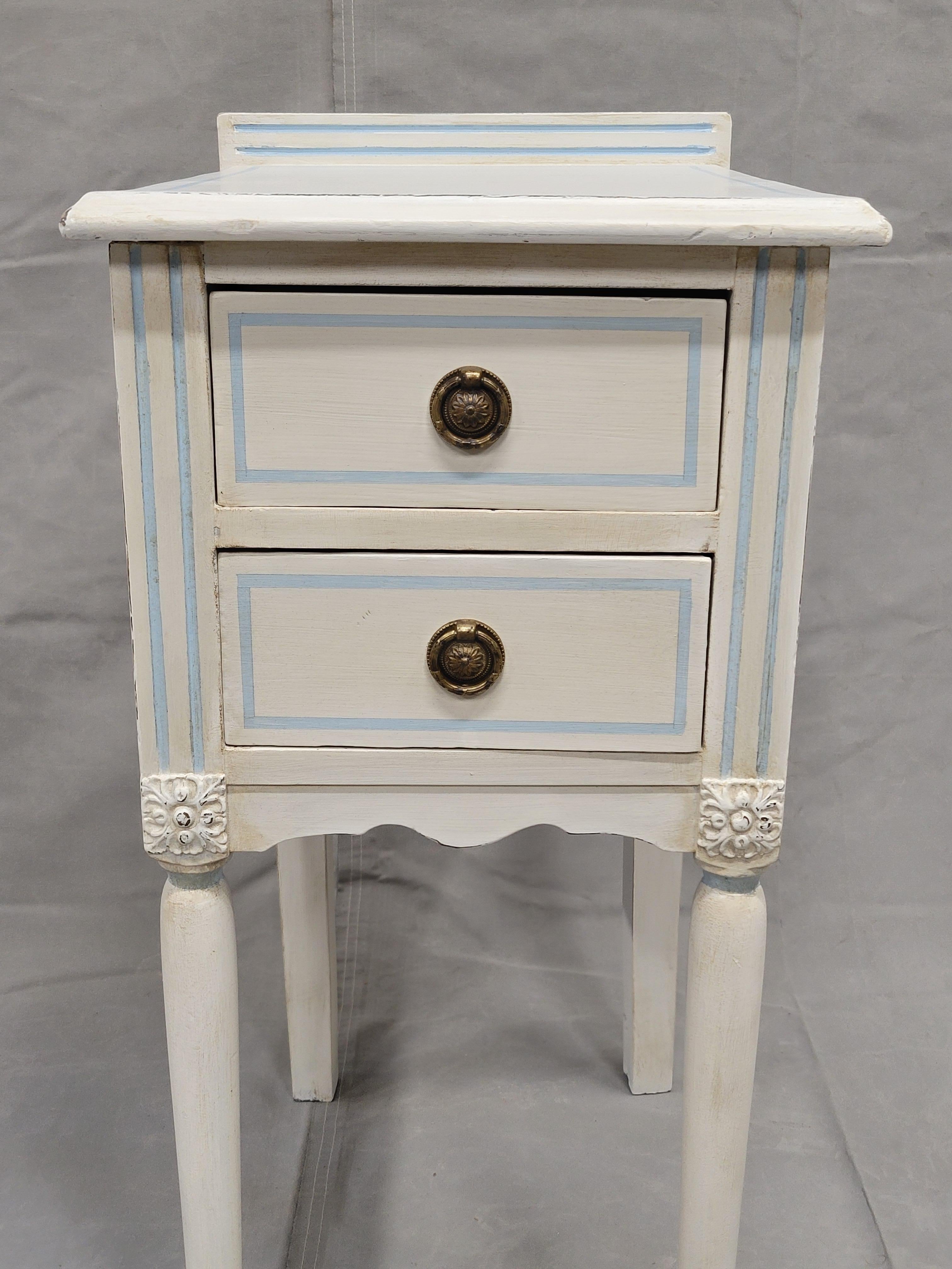American Vintage White Nightstands With Blue Striping - a Pair