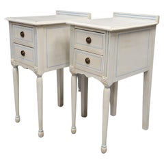 Vintage White Nightstands With Blue Striping - a Pair
