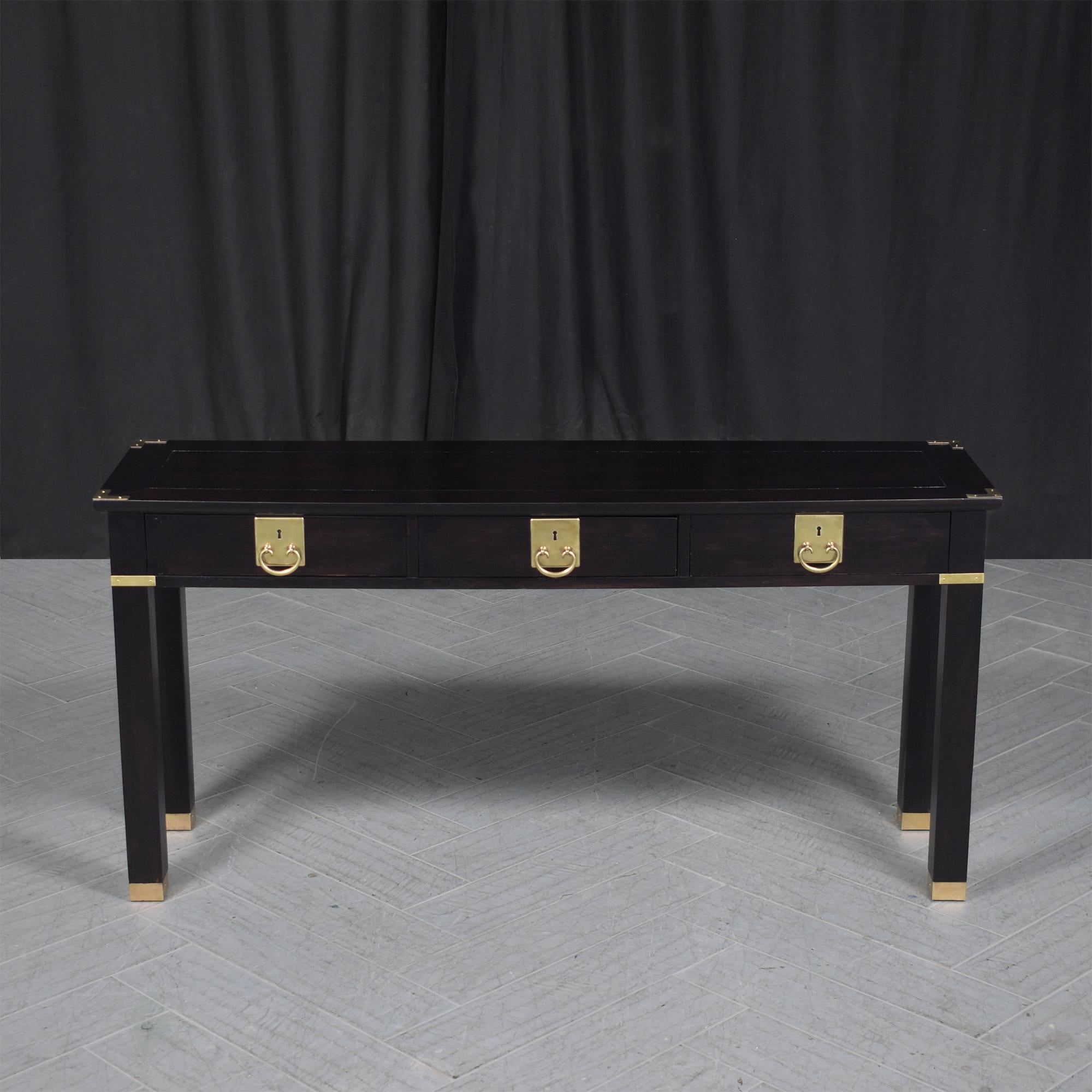 Discover the unparalleled elegance of our vintage console table, a testament to exquisite craftsmanship and timeless design. This piece has been lovingly restored by our expert team, crafted from solid white oak wood to ensure both stunning beauty