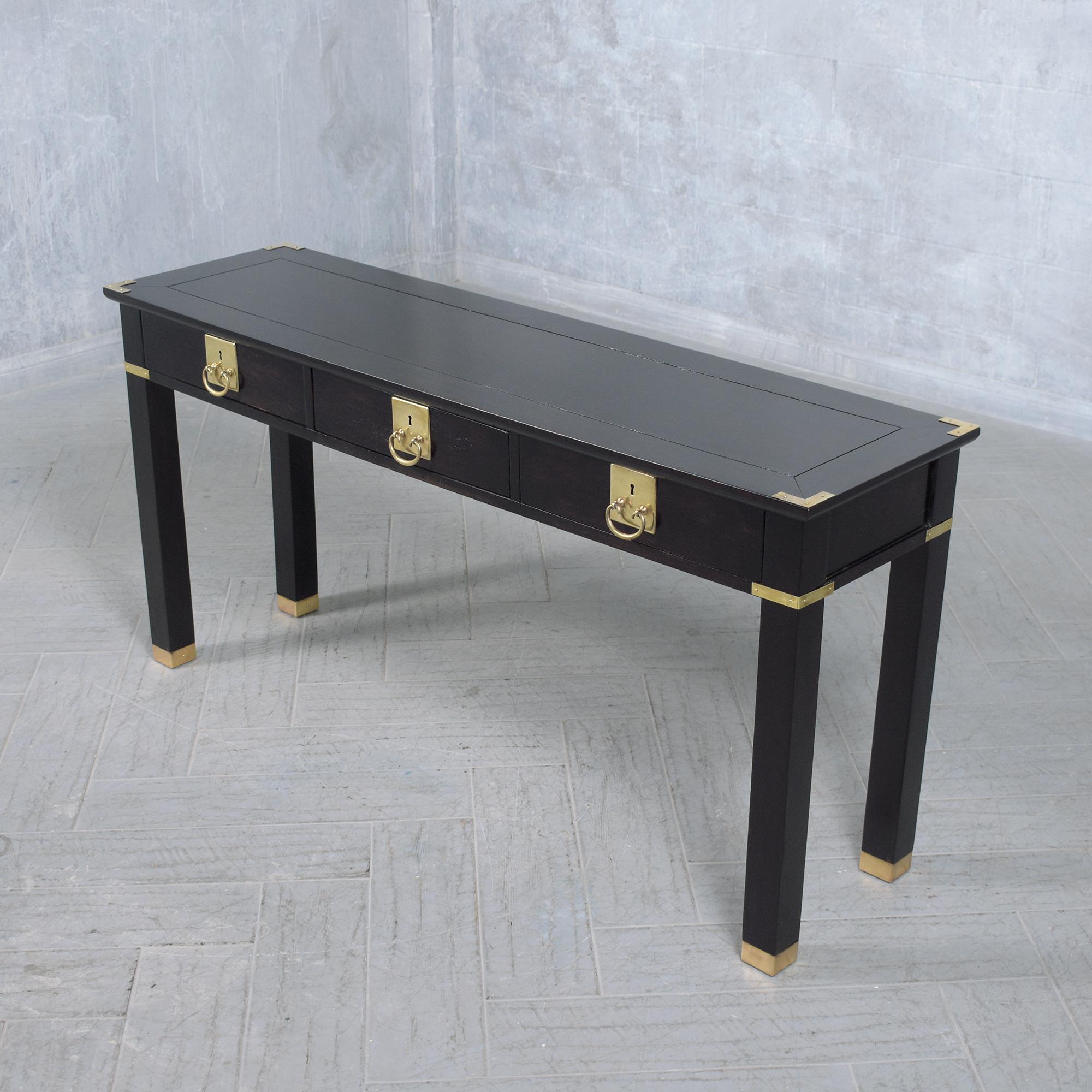 Brass Vintage White Oak Console Table: Timeless Elegance & Craftsmanship For Sale
