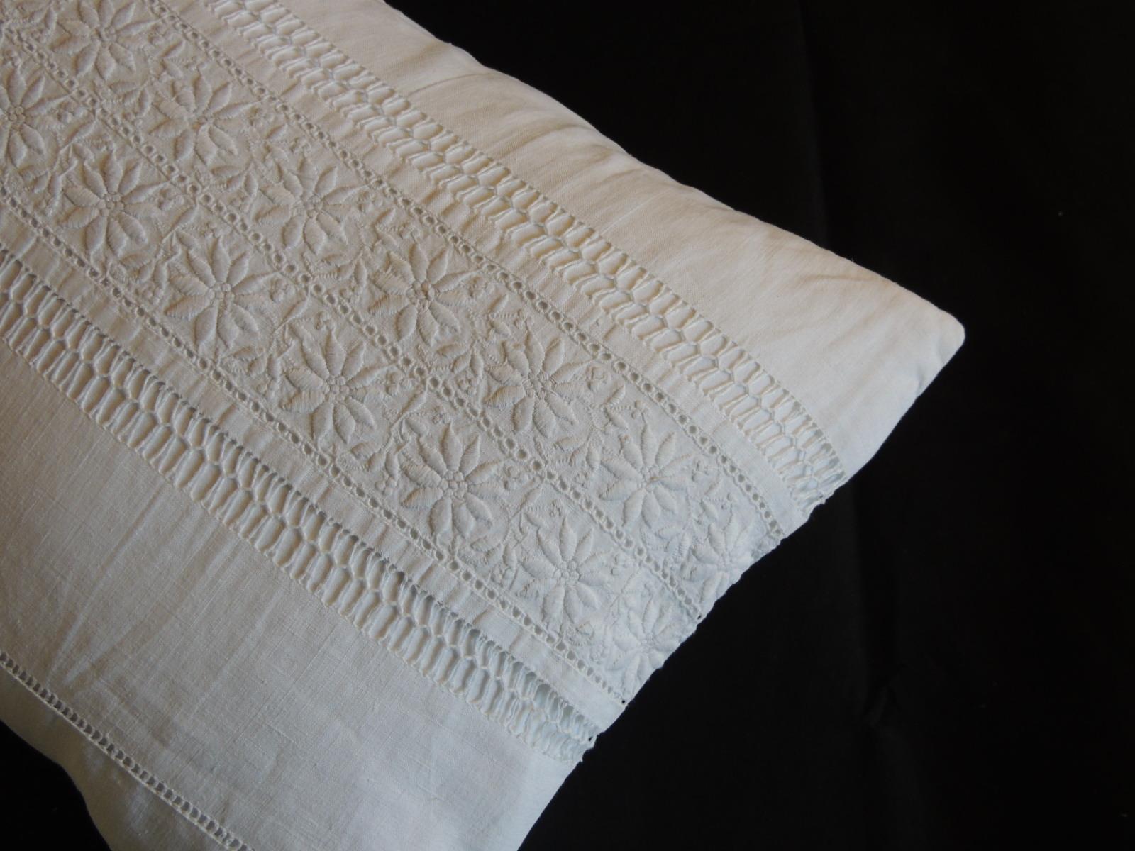 Romantic Vintage White on White Eyelet Lace Linen Bolster Decorative Pillow