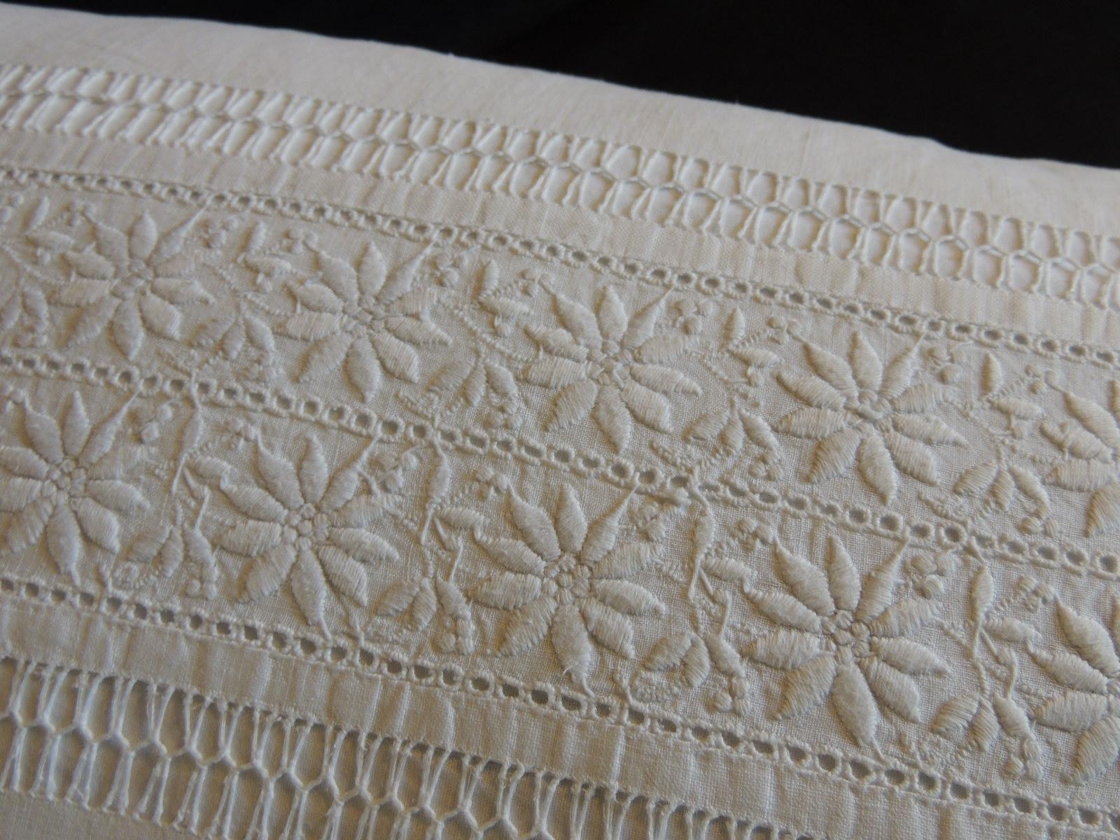 Italian Vintage White on White Eyelet Lace Linen Bolster Decorative Pillow