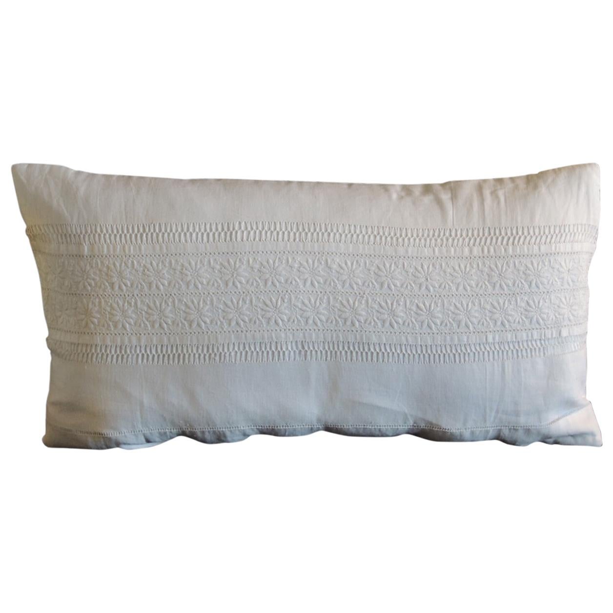 Vintage White on White Eyelet Lace Linen Bolster Decorative Pillow