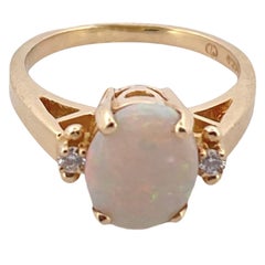 Vintage White Opal and White Diamond Ring - 14K Yellow Gold