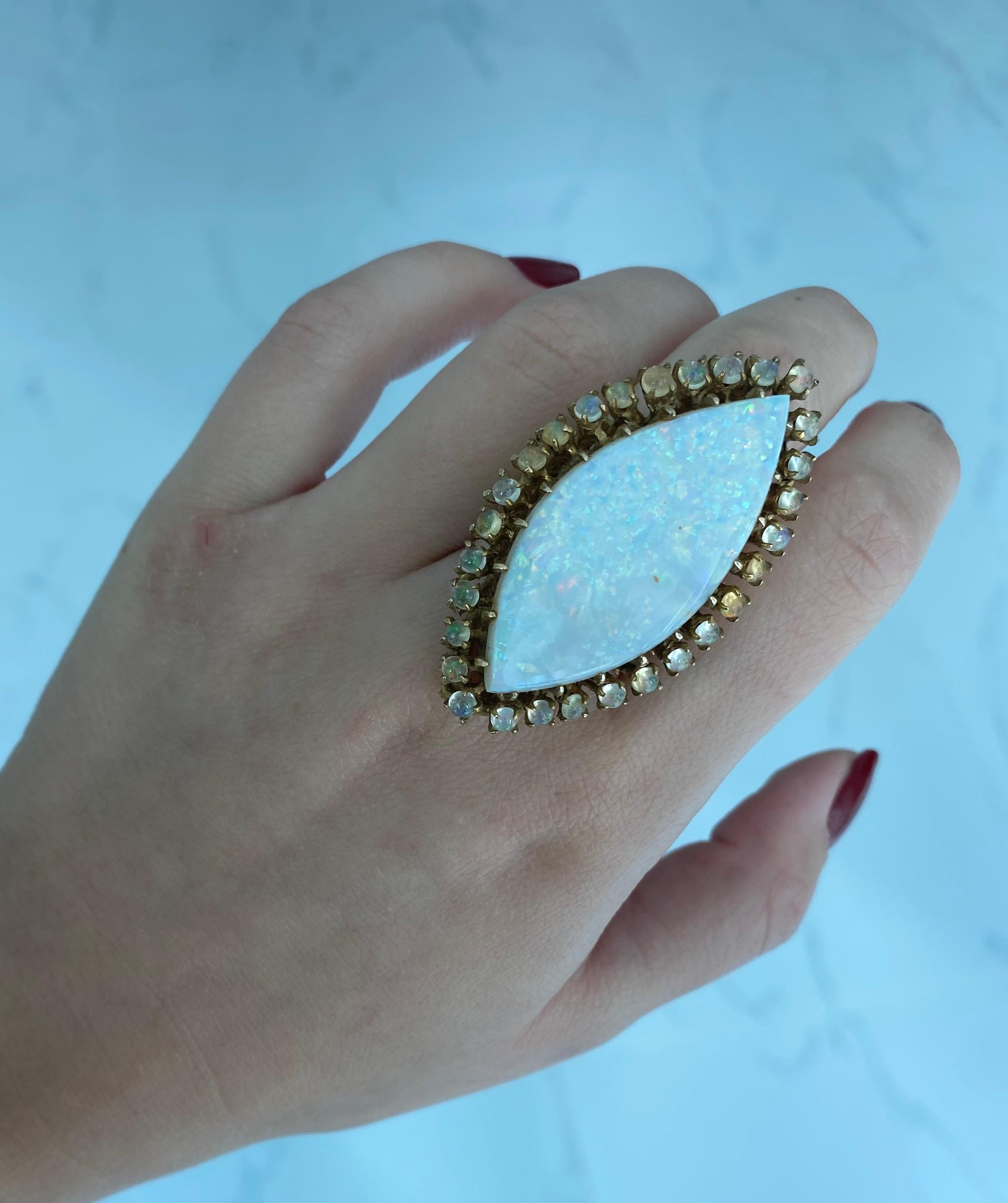 Retro Vintage White Opal Set in 14k Yellow Gold Tree-Style Ring for Women For Sale