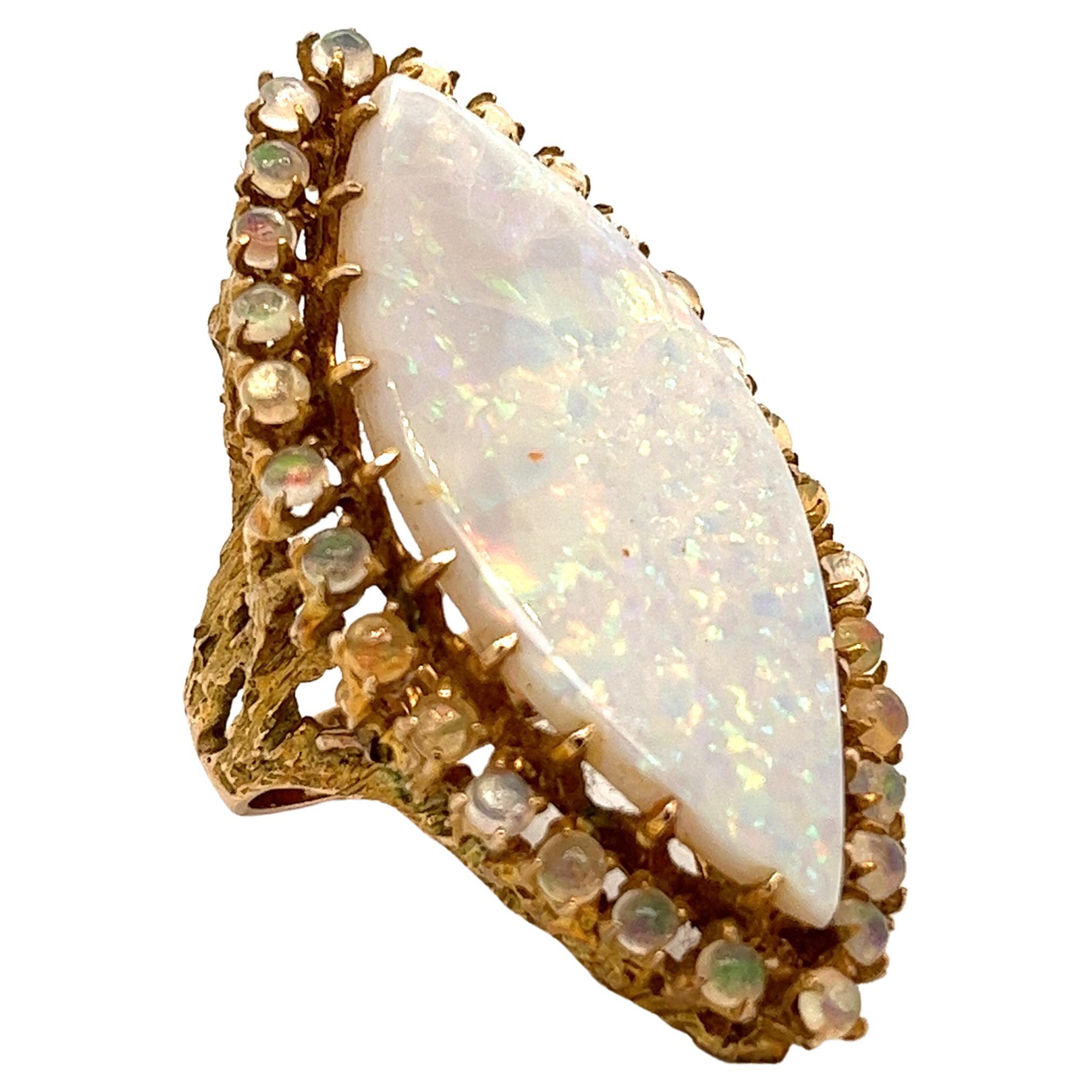 Vintage White Opal Set in 14k Yellow Gold Tree-Style Ring for Women For Sale