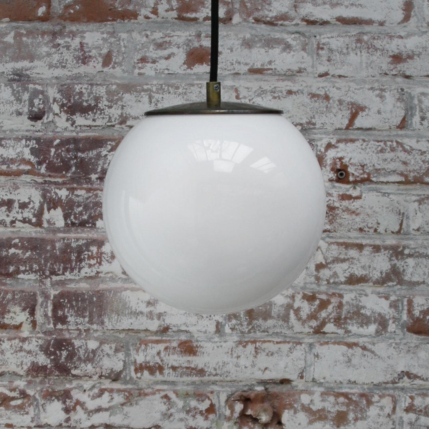 20th Century Vintage White Opaline Glass Brass Top Pendant Lights For Sale