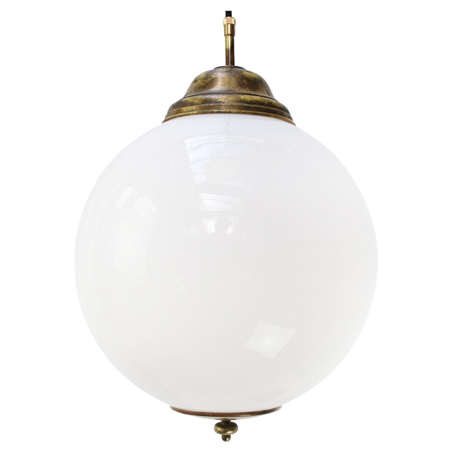 Vintage White Opaline Glass Double Brass Pendant Lights For Sale