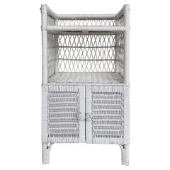 Vintage White-painted Coastal Rattan Night Stand or Side Table with Two Doors