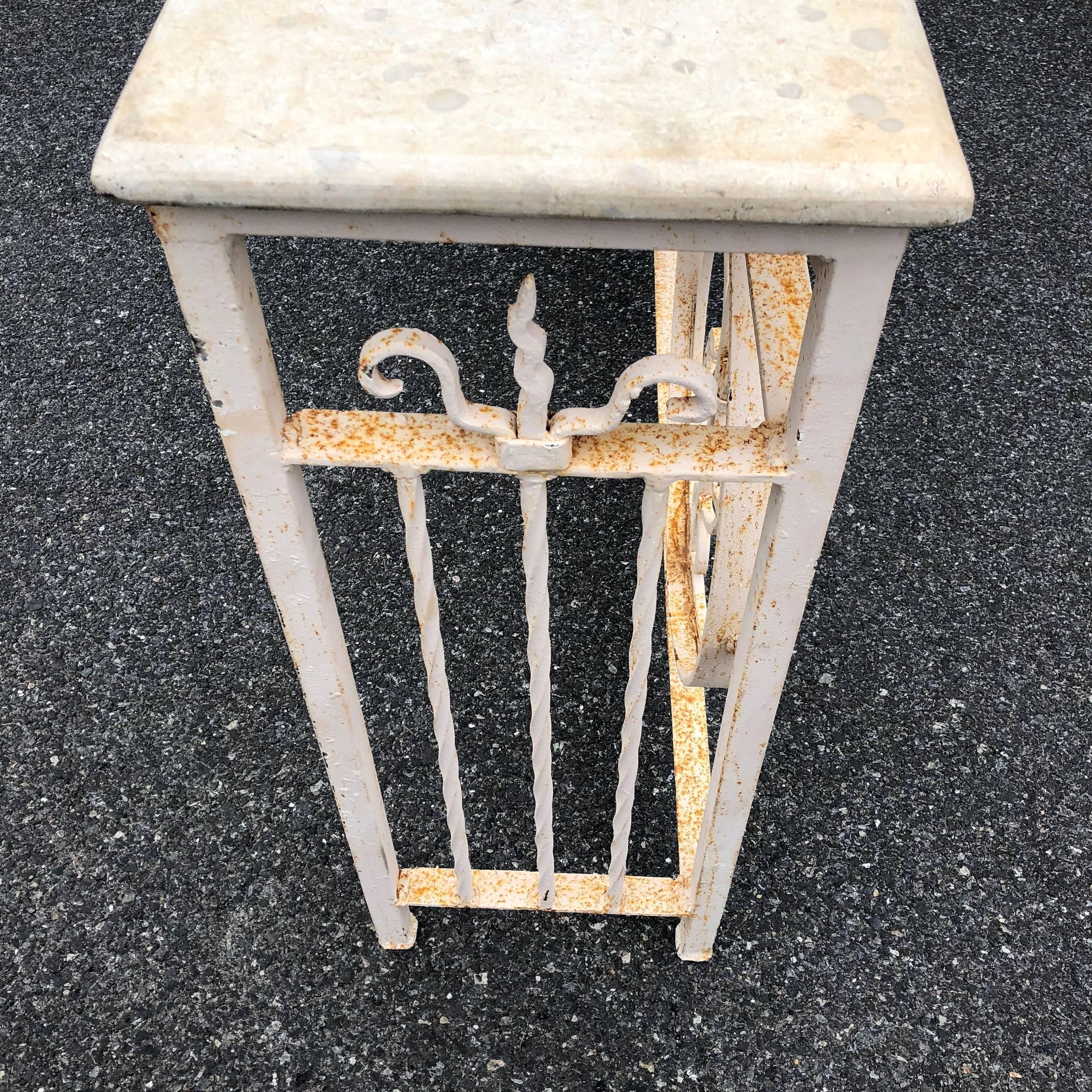 Vintage White Painted Iron Stone Top Garden Console 5