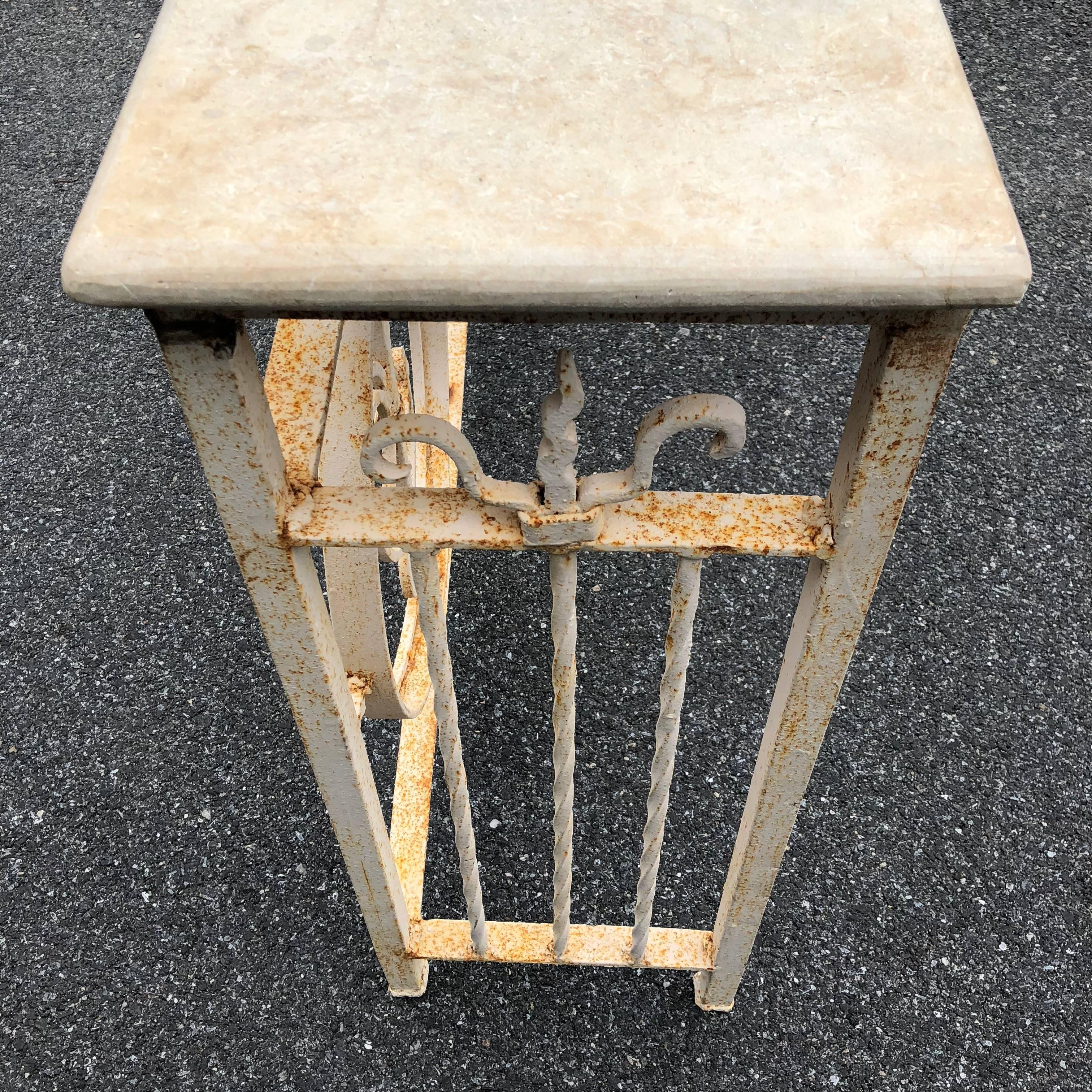 Vintage White Painted Iron Stone Top Garden Console 11