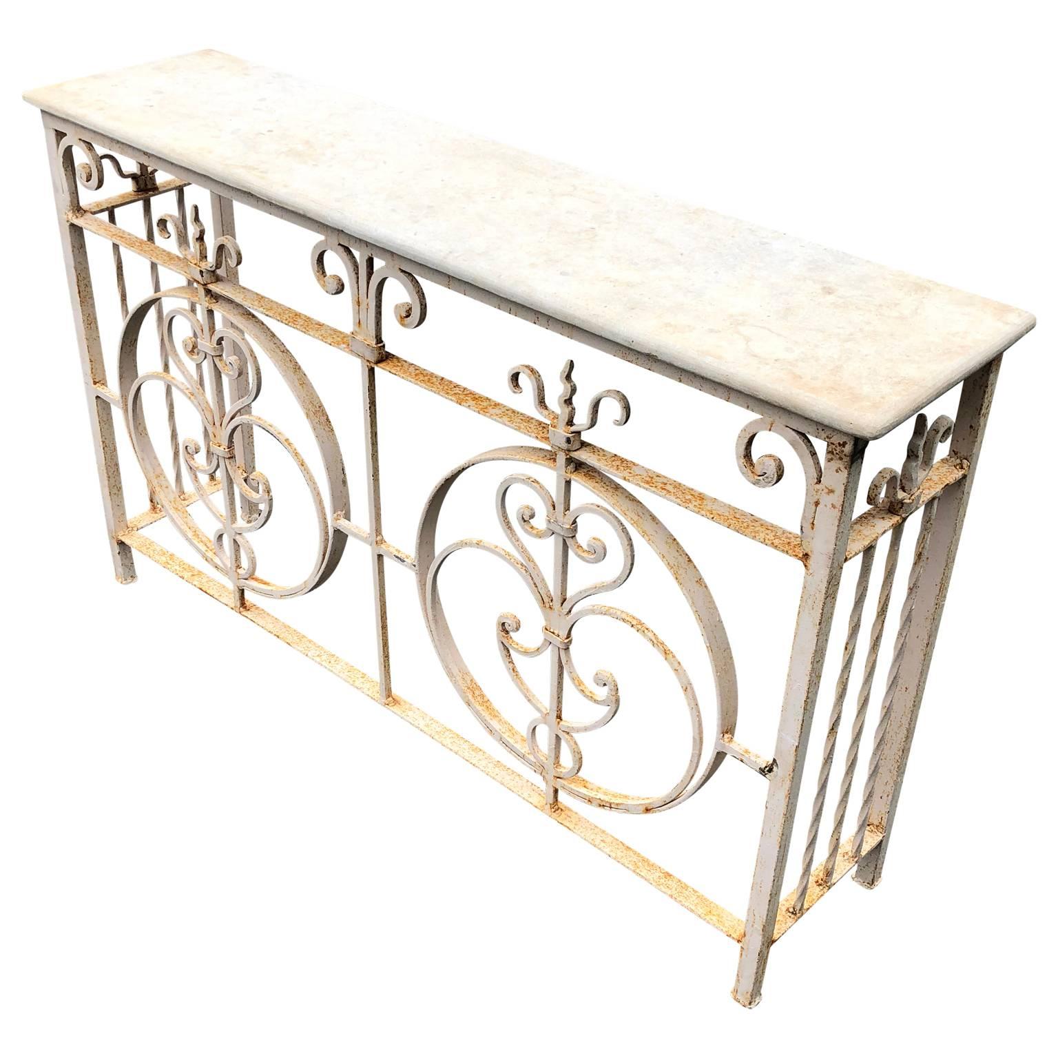 American Vintage White Painted Iron Stone Top Garden Console