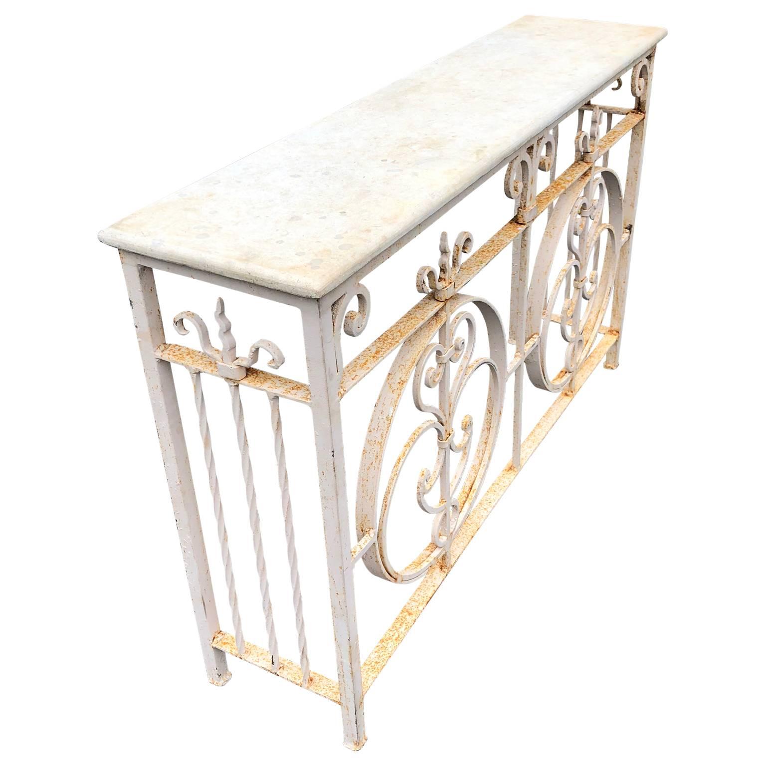 Vintage White Painted Iron Stone Top Garden Console In Good Condition In Haddonfield, NJ